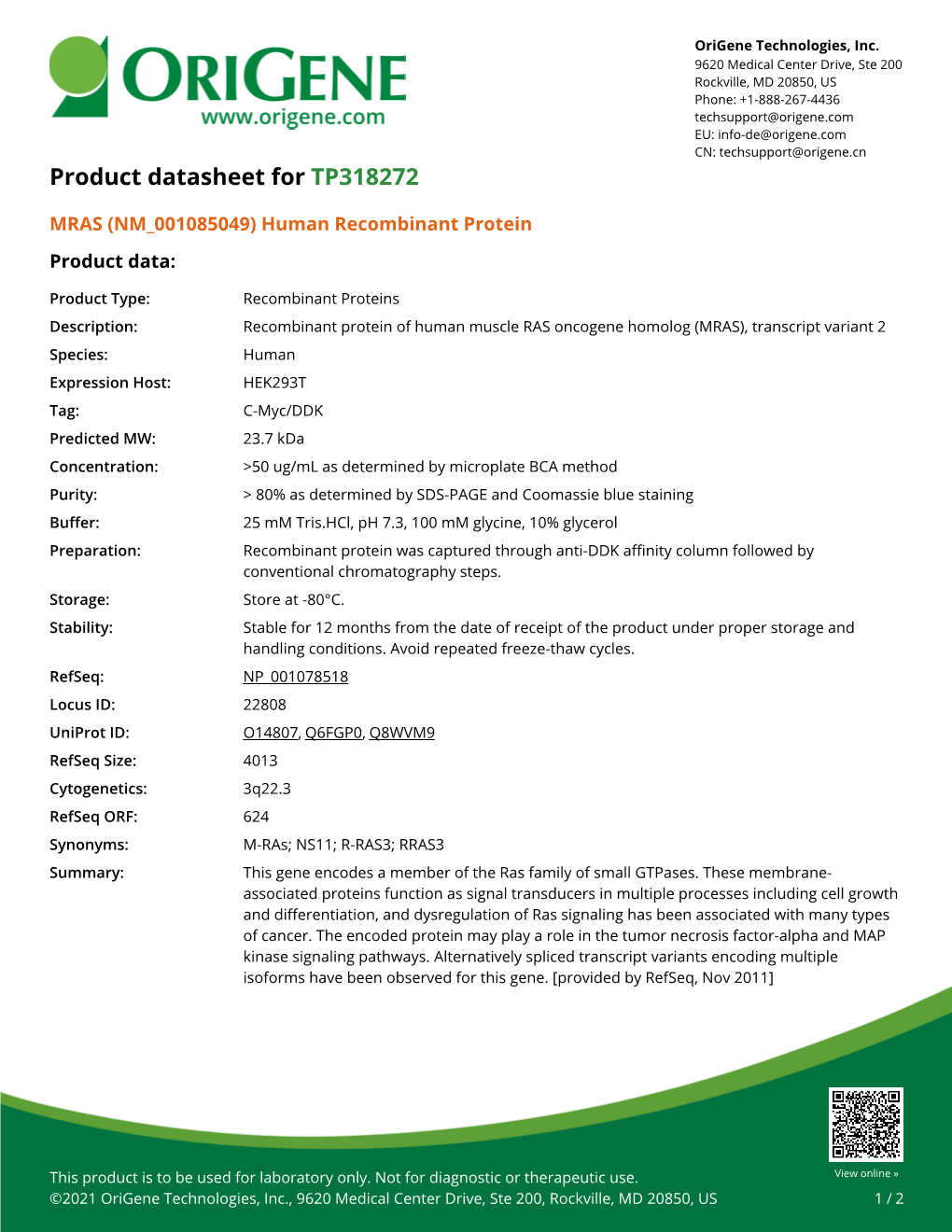 MRAS (NM 001085049) Human Recombinant Protein – TP318272