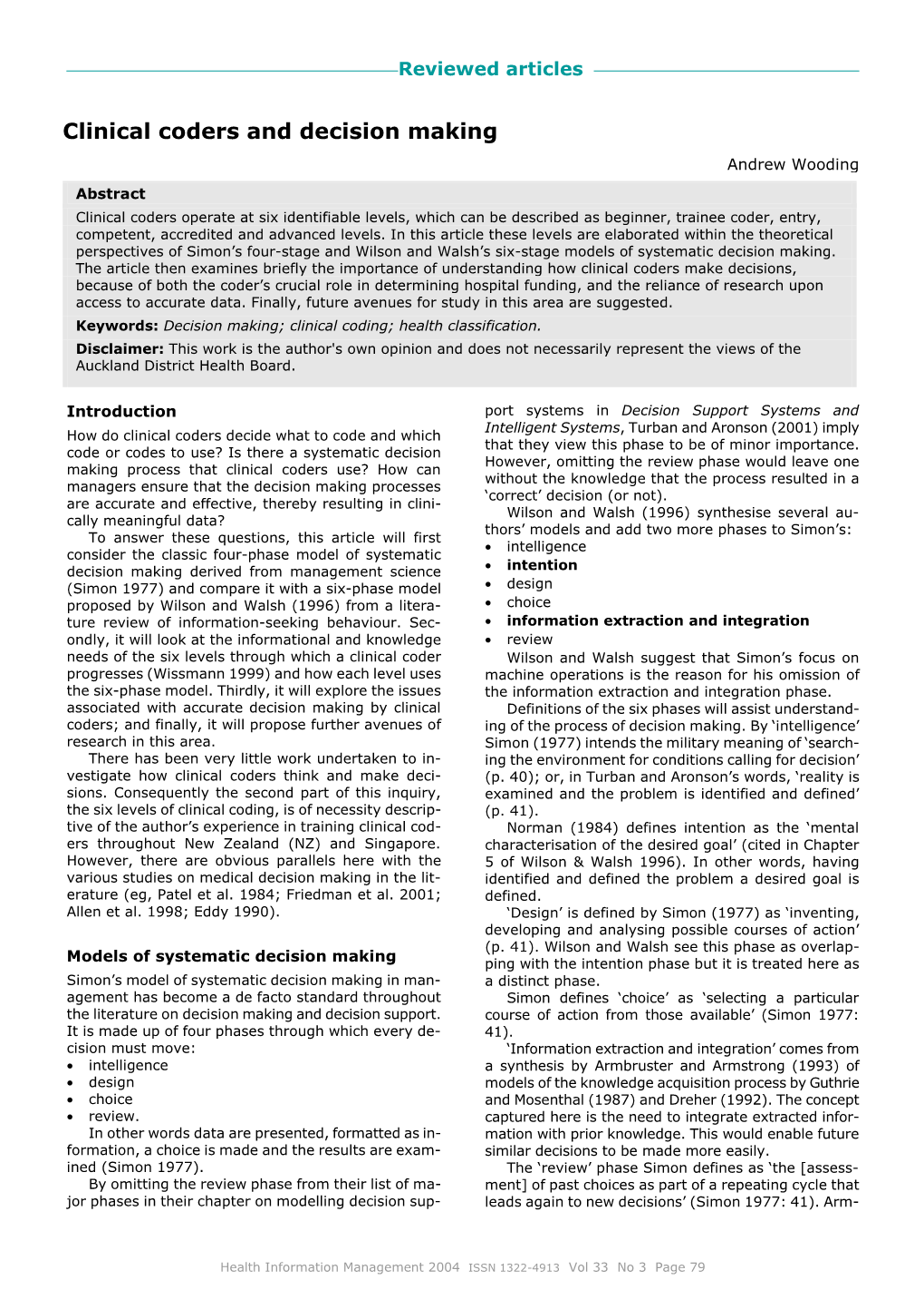 Clinical Coders and Decision Making