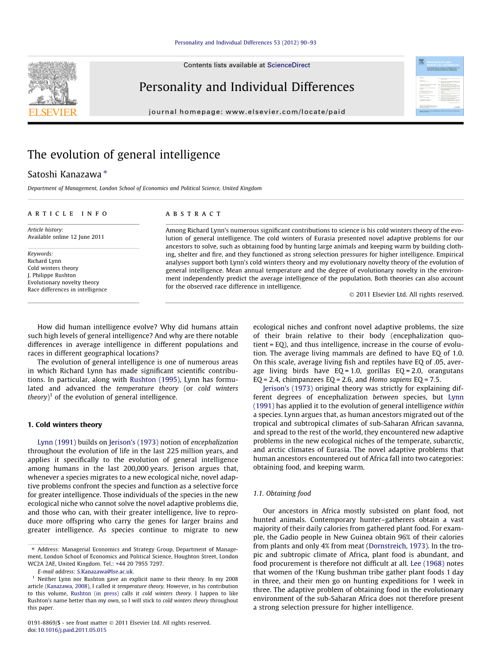 The Evolution of General Intelligence ⇑ Satoshi Kanazawa