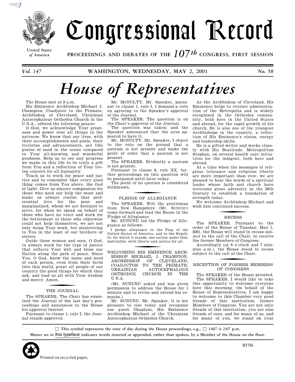 Congressional Record United States of America PROCEEDINGS and DEBATES of the 107Th CONGRESS, FIRST SESSION