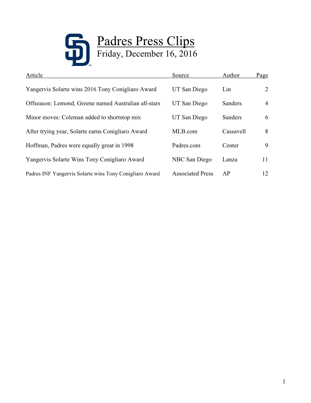 Padres Press Clips Friday, December 16, 2016