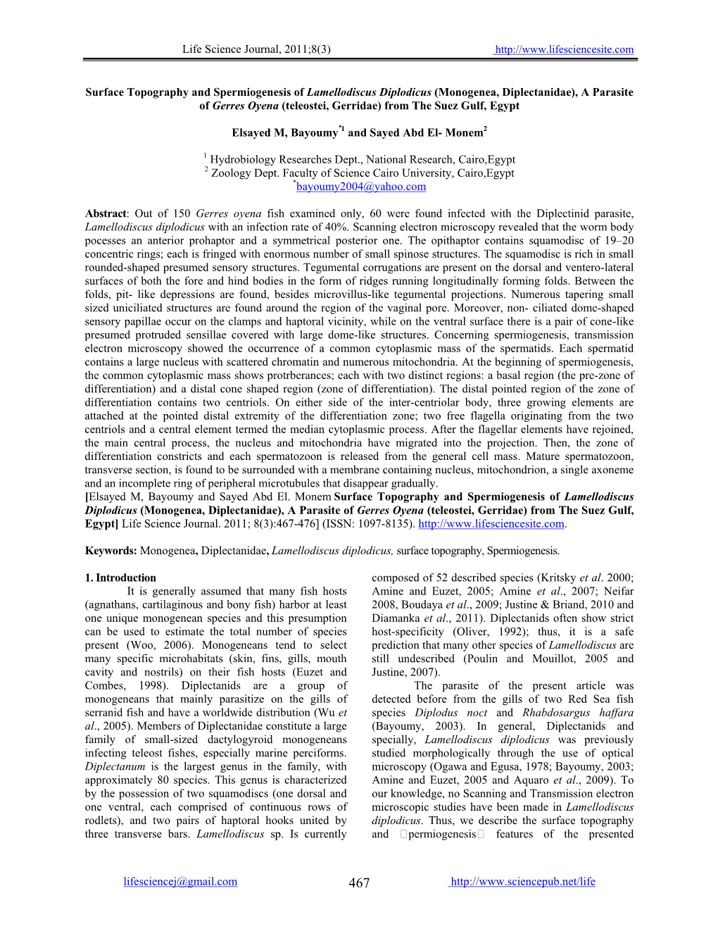 Surface Topography and Spermatogenesis of Lamellodiscus