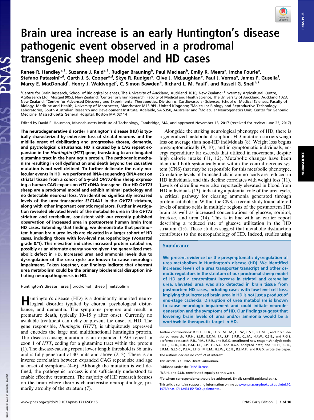 Brain Urea Increase Is an Early Huntington's Disease