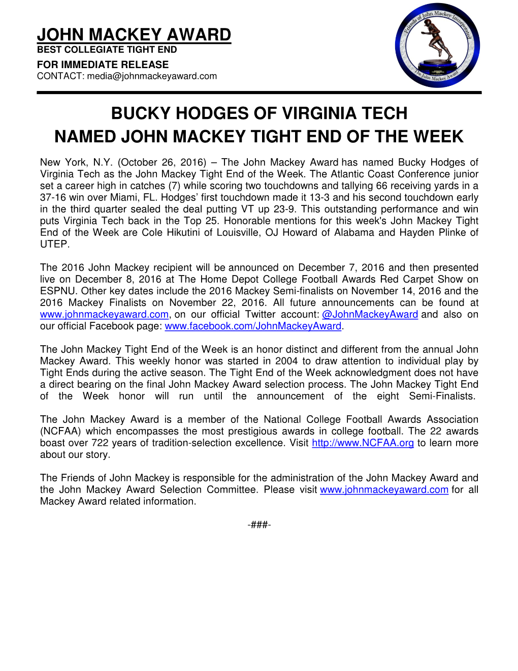 John Mackey Award Bucky Hodges of Virginia Tech
