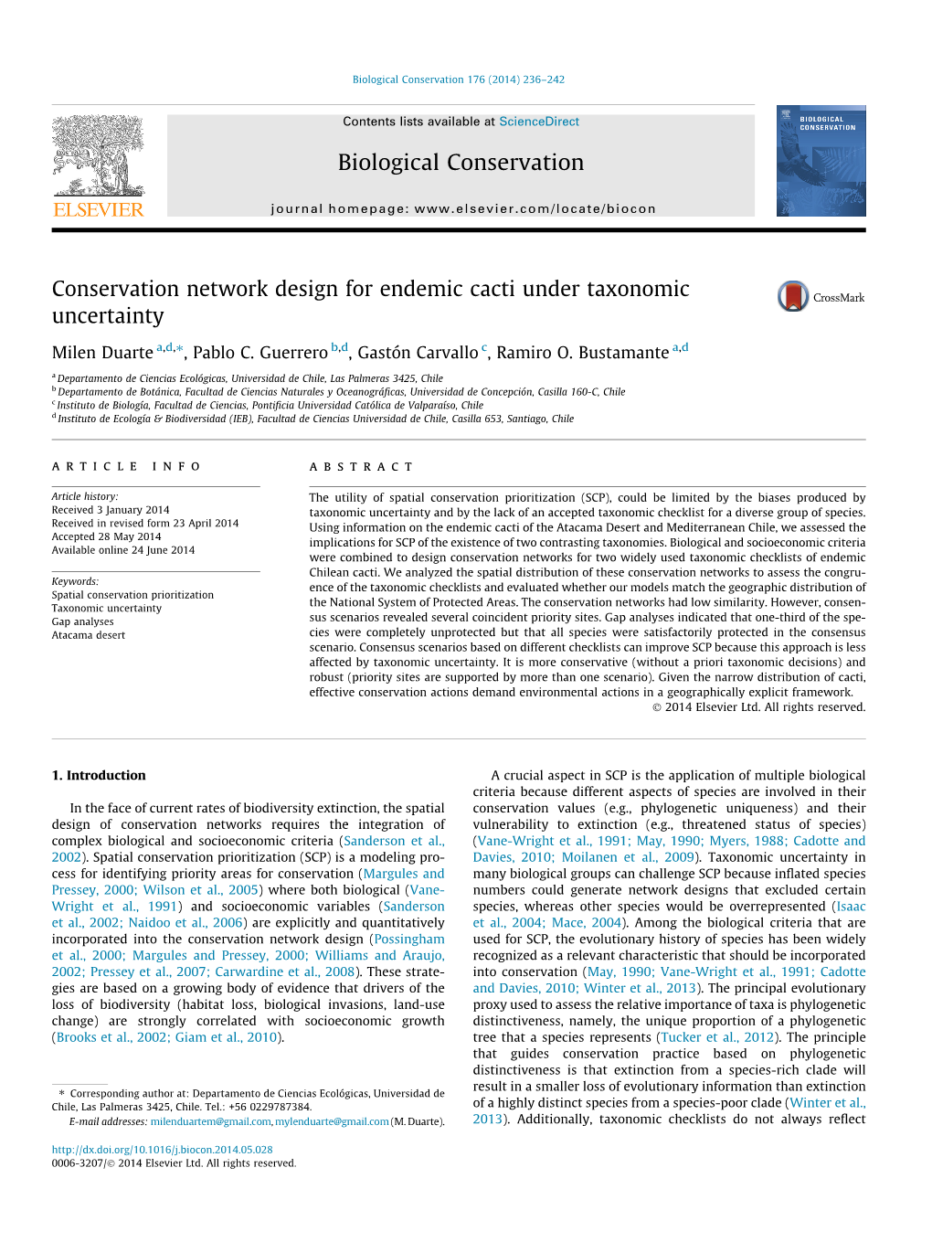 Conservation Network Design for Endemic Cacti Under Taxonomic Uncertainty ⇑ Milen Duarte A,D, , Pablo C