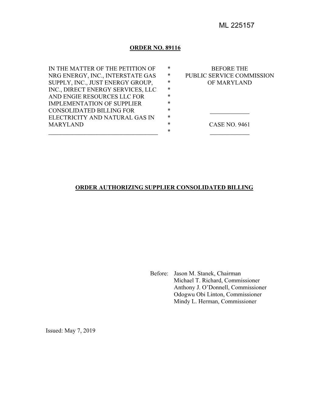 Case No. 9461 – Order Authorizing Supplier Consolidated Billing