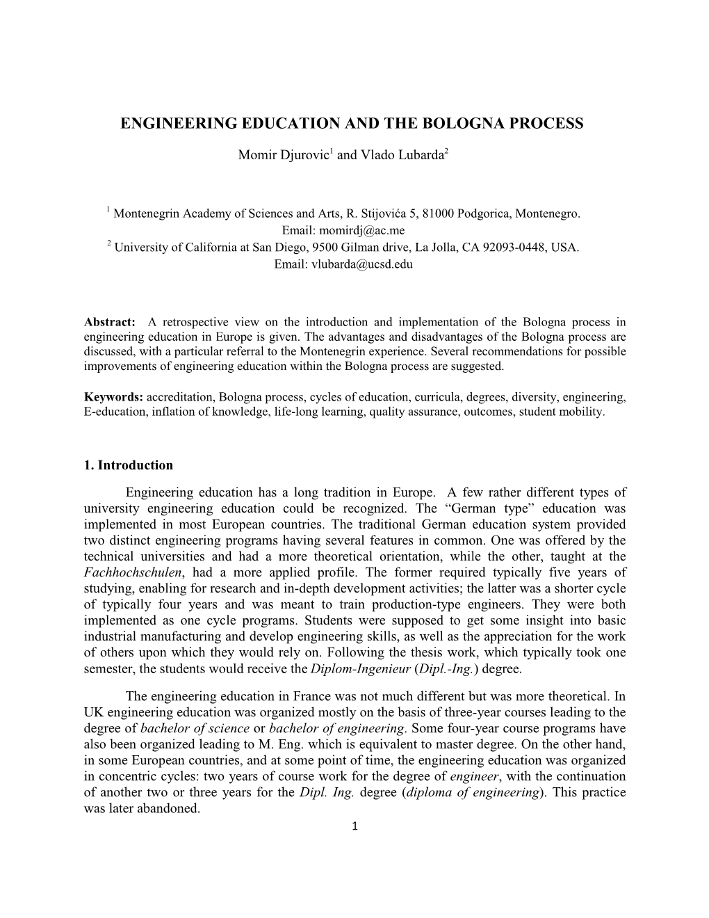 Engineering Education and the Bologna Process