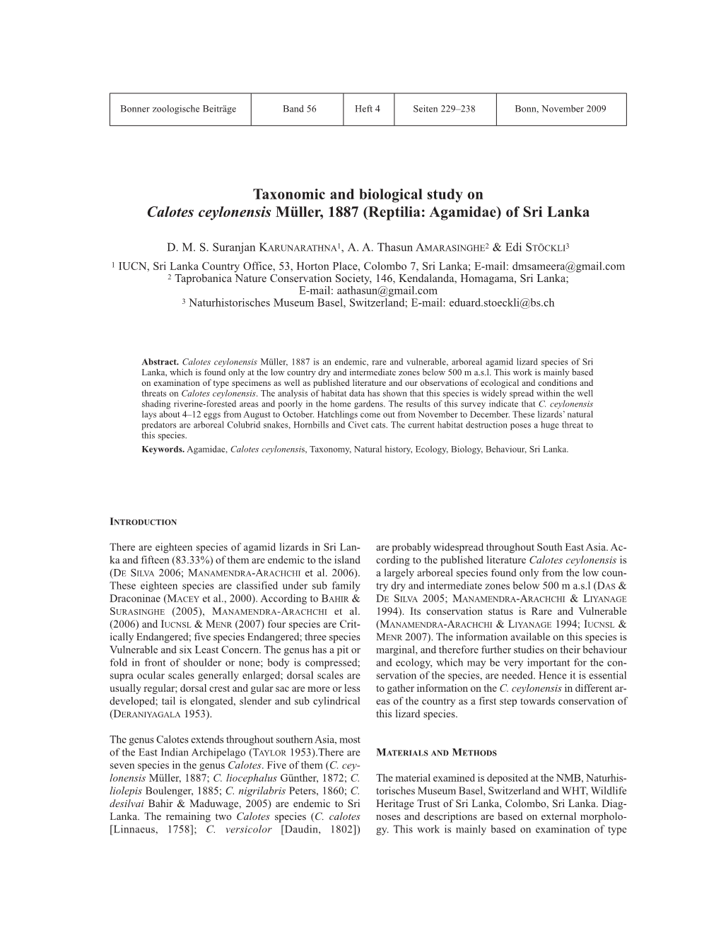 Taxonomic and Biological Study on Calotes Ceylonensis Müller, 1887 (Reptilia: Agamidae) of Sri Lanka