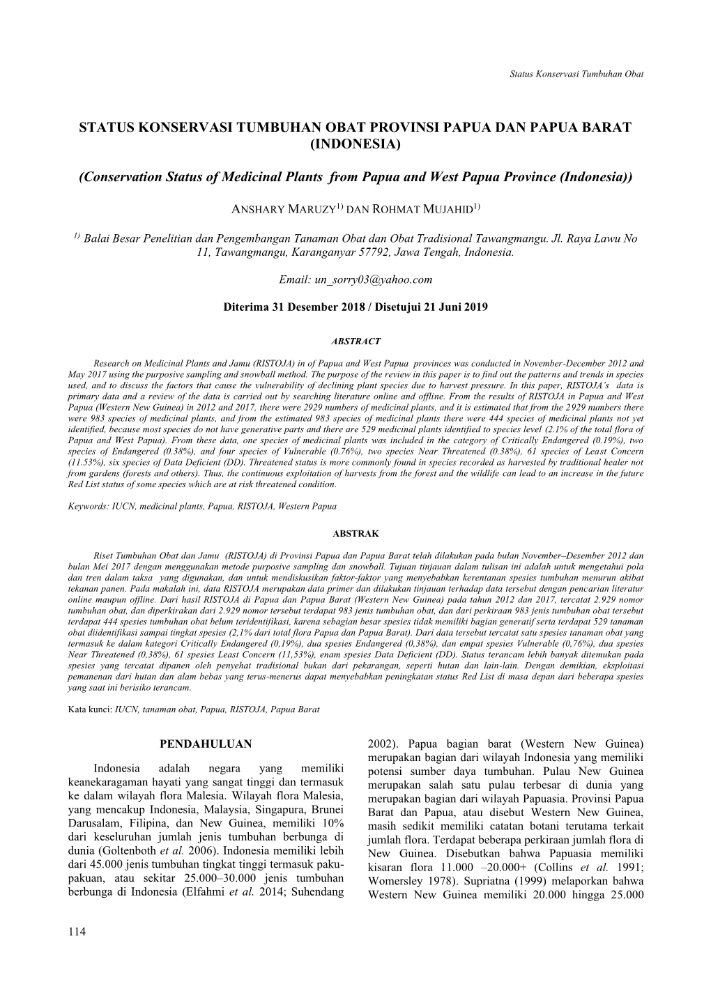 Status Konservasi Tumbuhan Obat Provinsi Papua Dan Papua Barat (Indonesia)