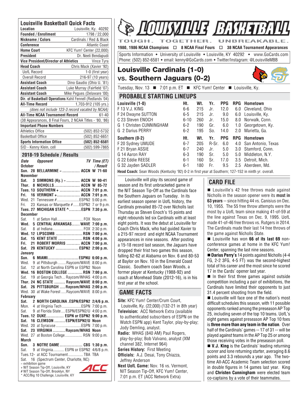 Louisville Cardinals (1-0) Vs. Southern Jaguars (0-2)