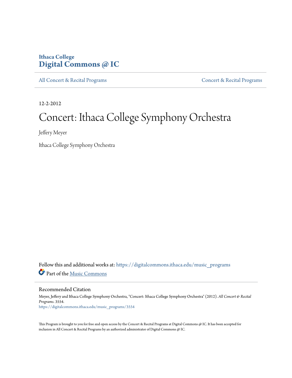 Concert: Ithaca College Symphony Orchestra Jeffery Meyer