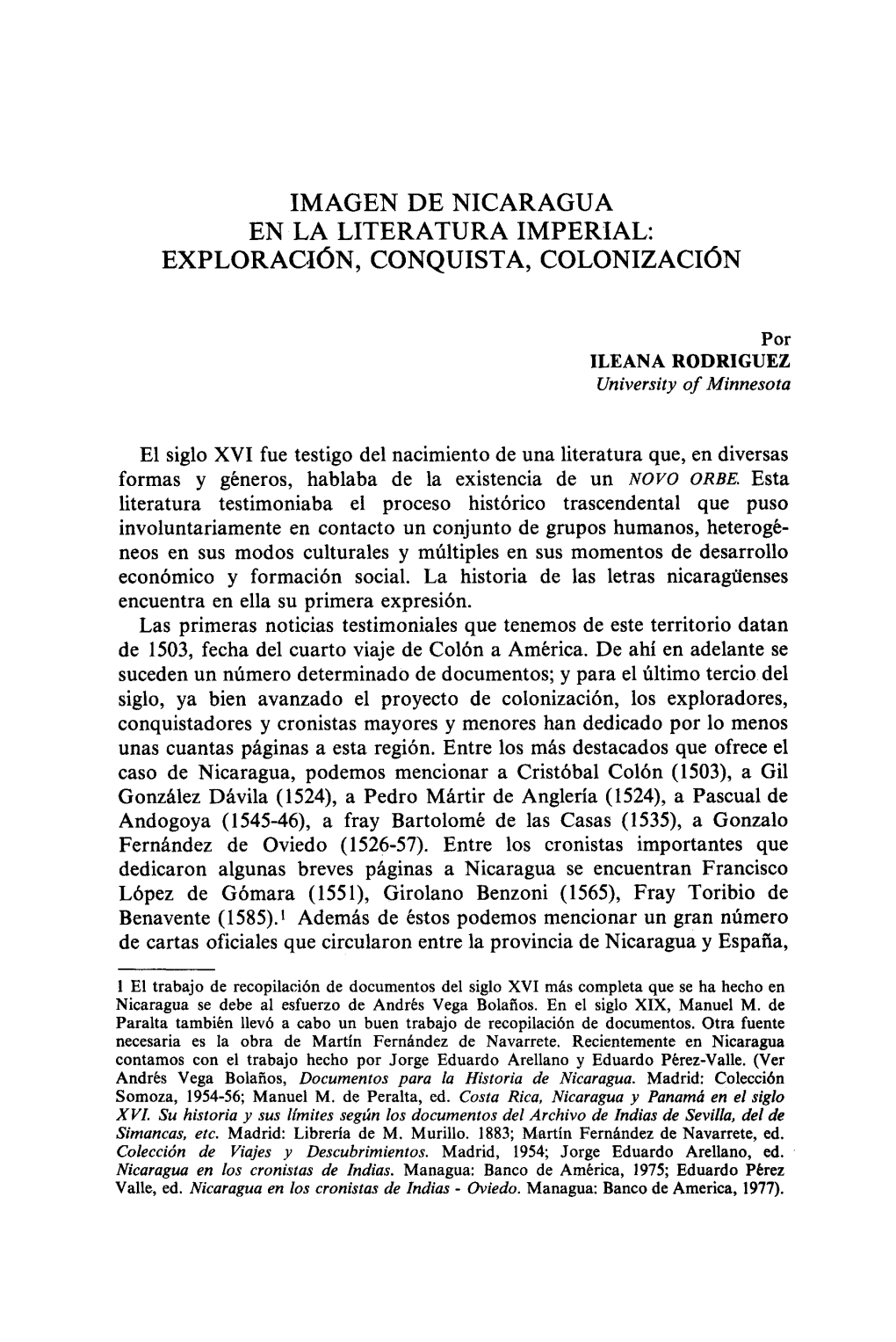 Imagen De Nicaragua En La Literatura Imperial: Exploracion, Conquista, Colonizacion