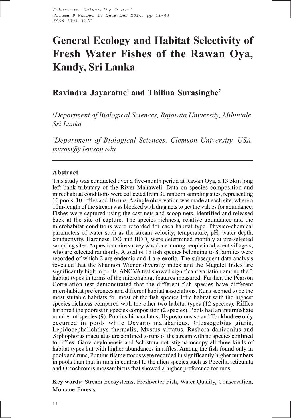 General Ecology and Habitat Selectivity of Fresh Water Fishes of the Rawan Oya, Kandy, Sri Lanka