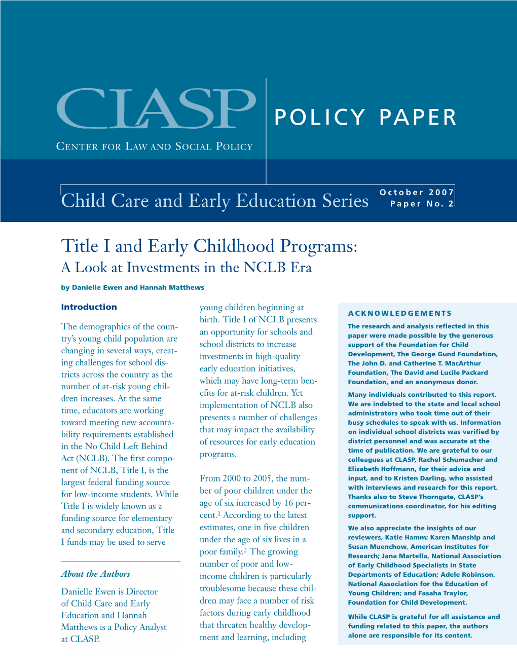 CLASP, Early Education & Title 1 Report