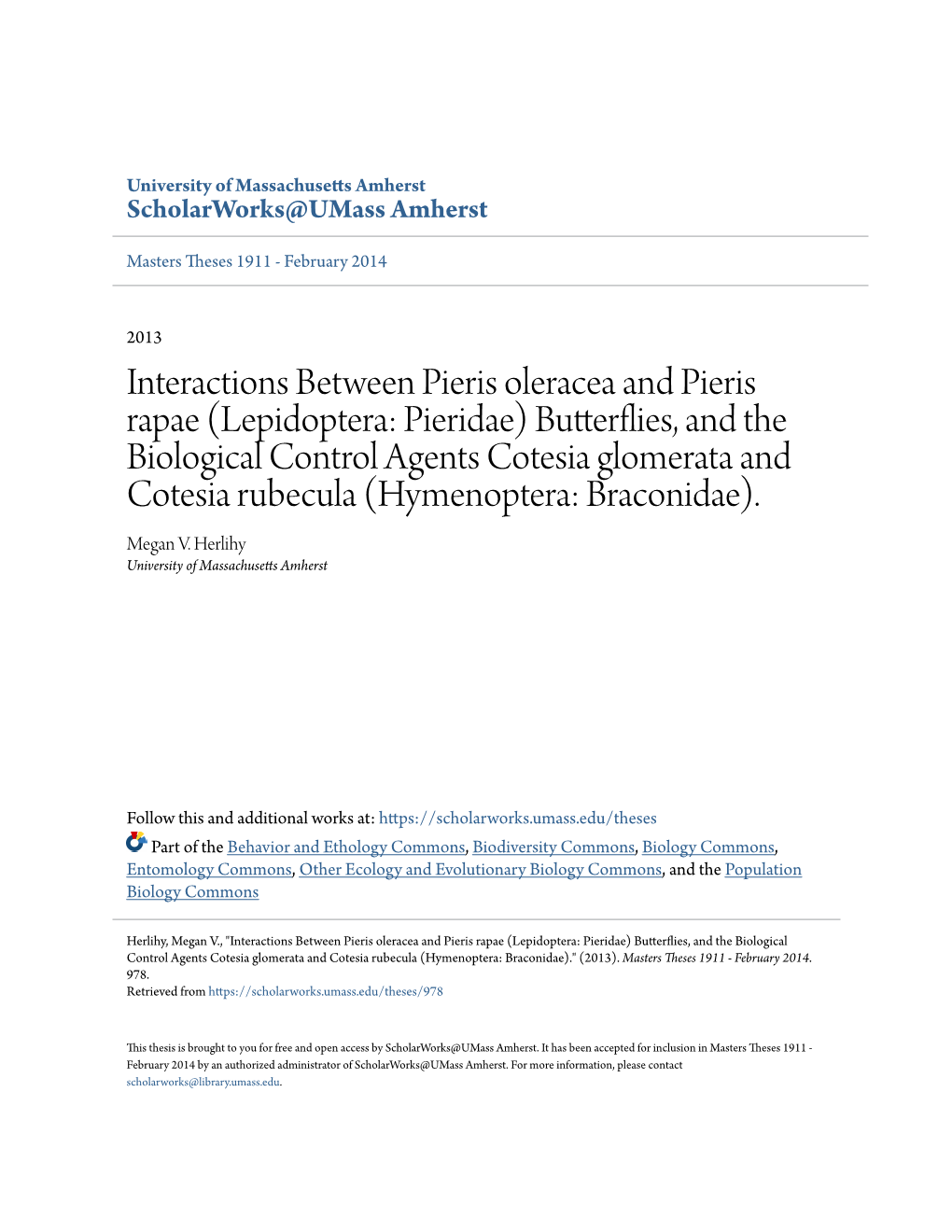 Interactions Between Pieris Oleracea and Pieris Rapae (Lepidoptera