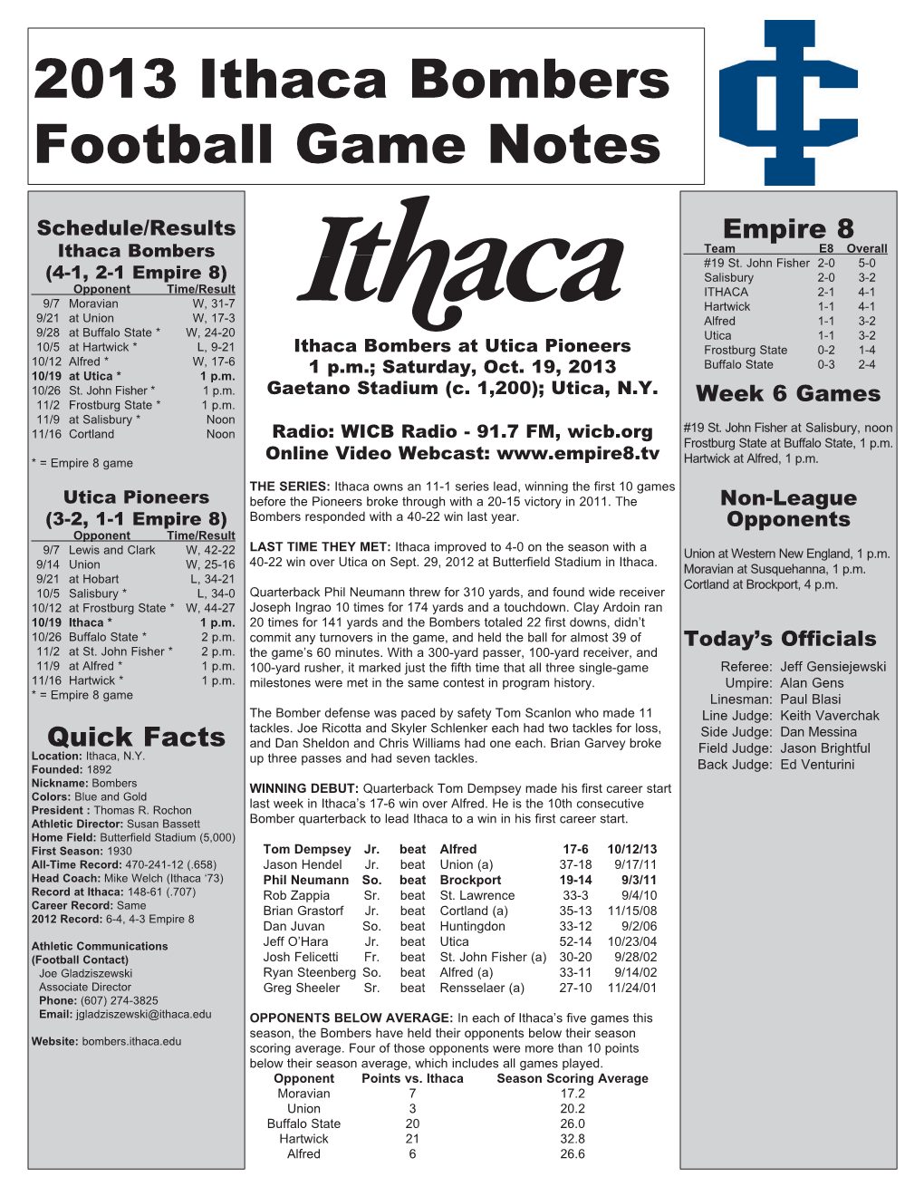 2013 Ithaca Bombers Football Game Notes
