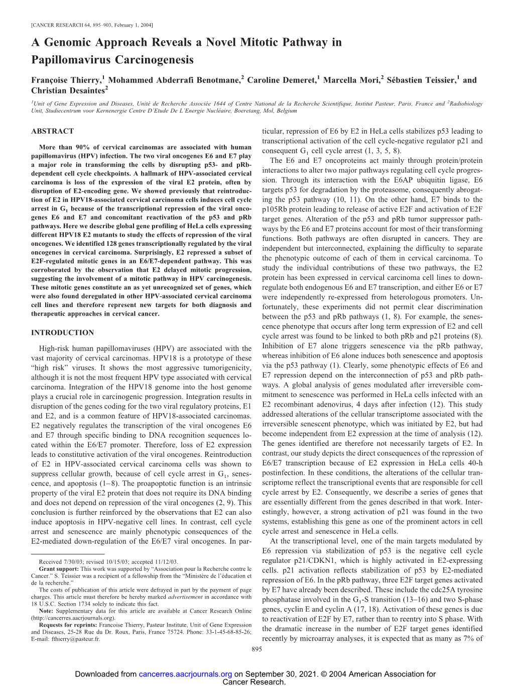 A Genomic Approach Reveals a Novel Mitotic Pathway in Papillomavirus Carcinogenesis