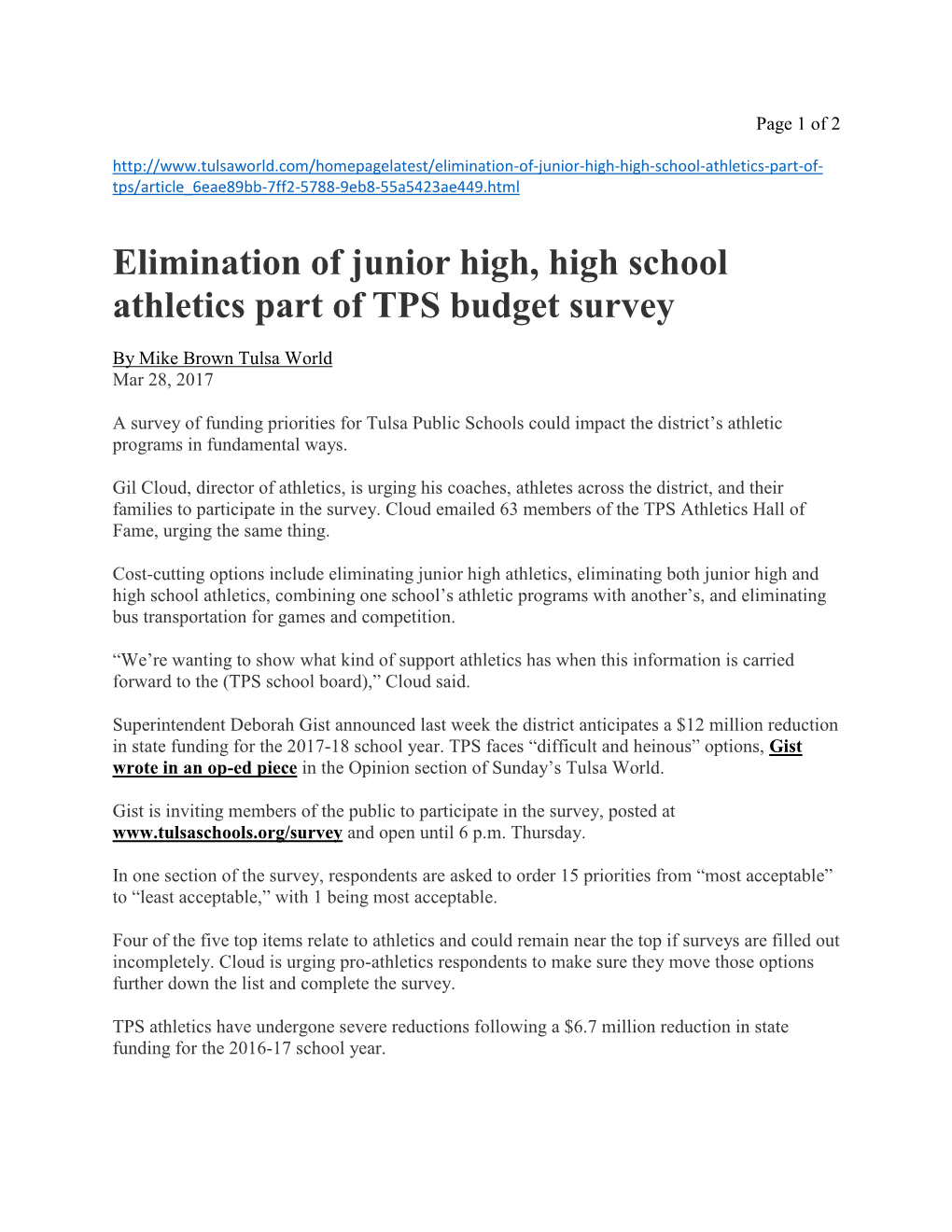 Elimination of Junior High, High School Athletics Part of TPS Budget Survey