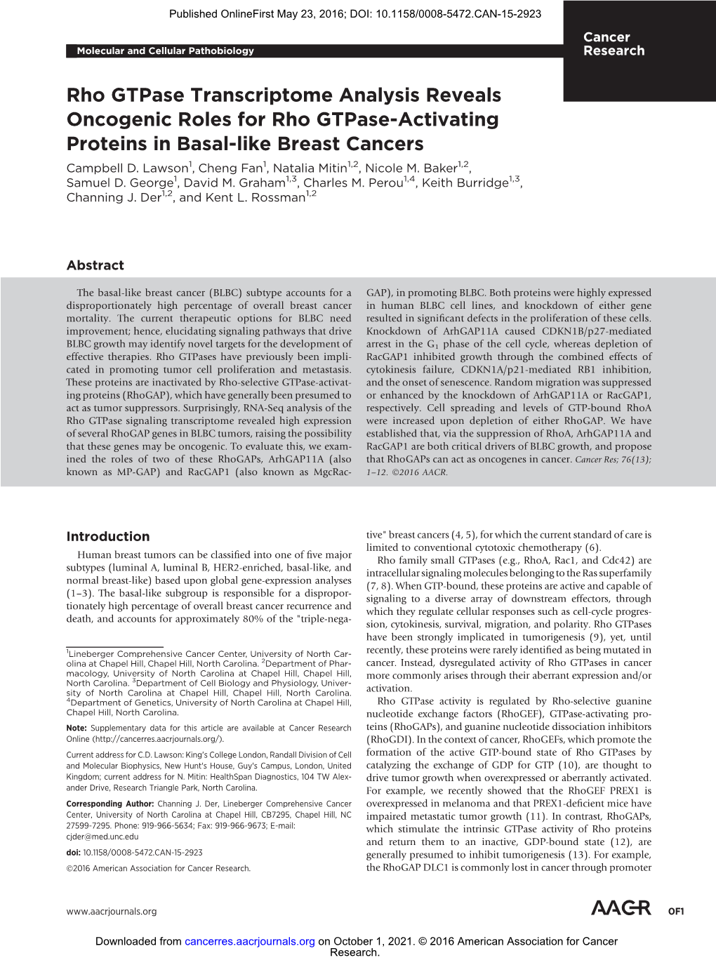 Rho Gtpase Transcriptome Analysis Reveals Oncogenic Roles for Rho Gtpase-Activating Proteins in Basal-Like Breast Cancers Campbell D