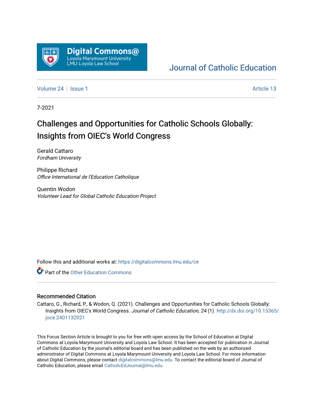 Challenges and Opportunities for Catholic Schools Globally: Insights from OIEC's World Congress