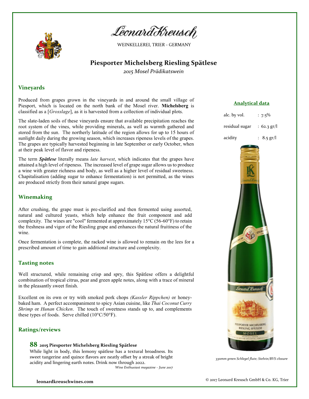 Piesporter Michelsberg Riesling Spätlese 2015 Mosel Prädikatswein