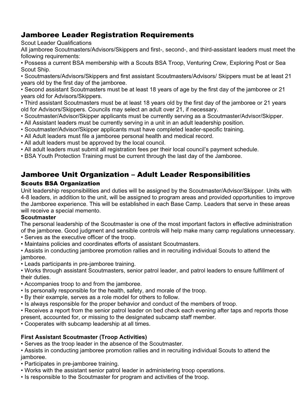 Jamboree Leader Requirements & Responsibilities