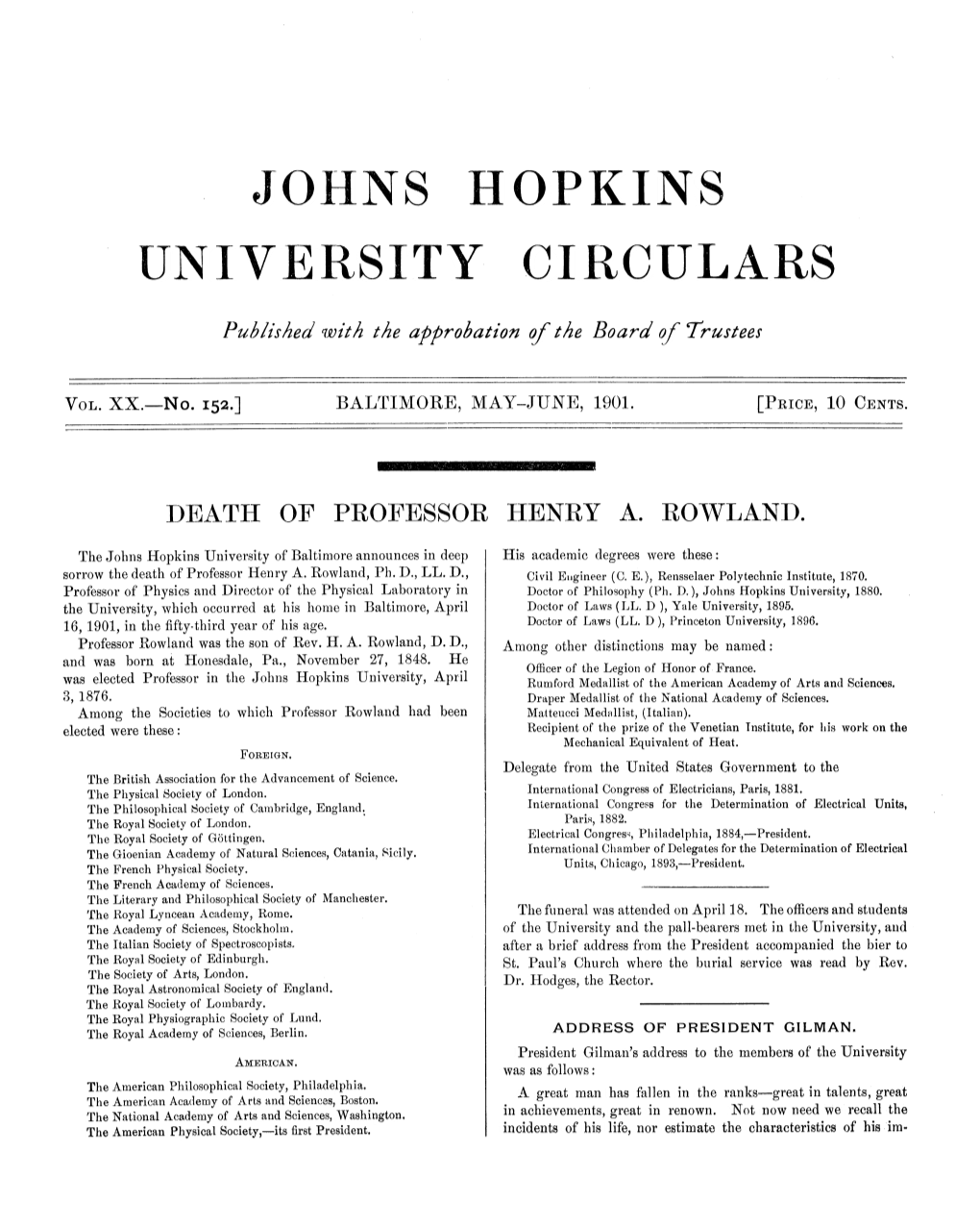 Johns Hopkins University Circulars