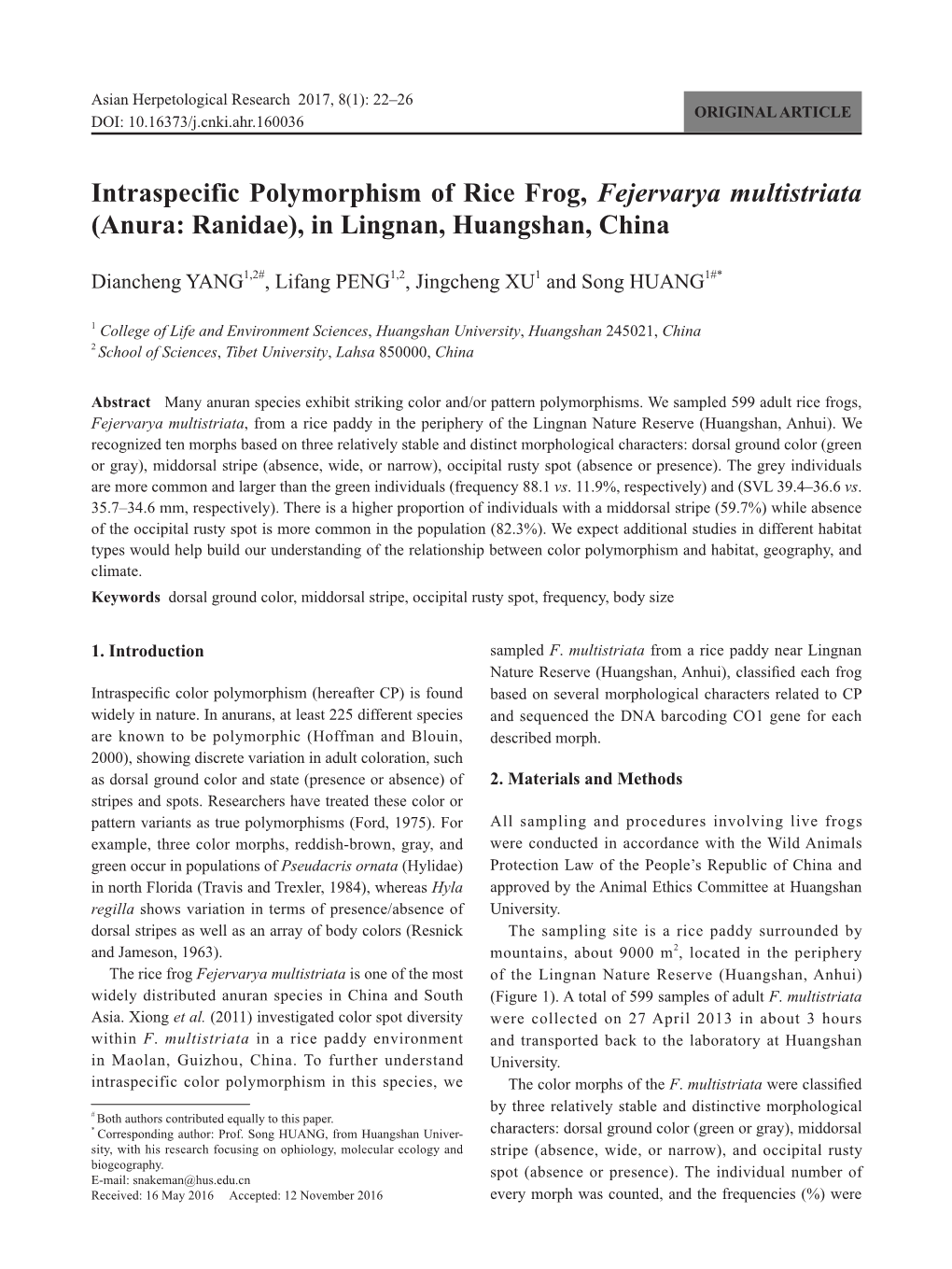 Intraspecific Polymorphism of Rice Frog, Fejervarya Multistriata (Anura: Ranidae), in Lingnan, Huangshan, China