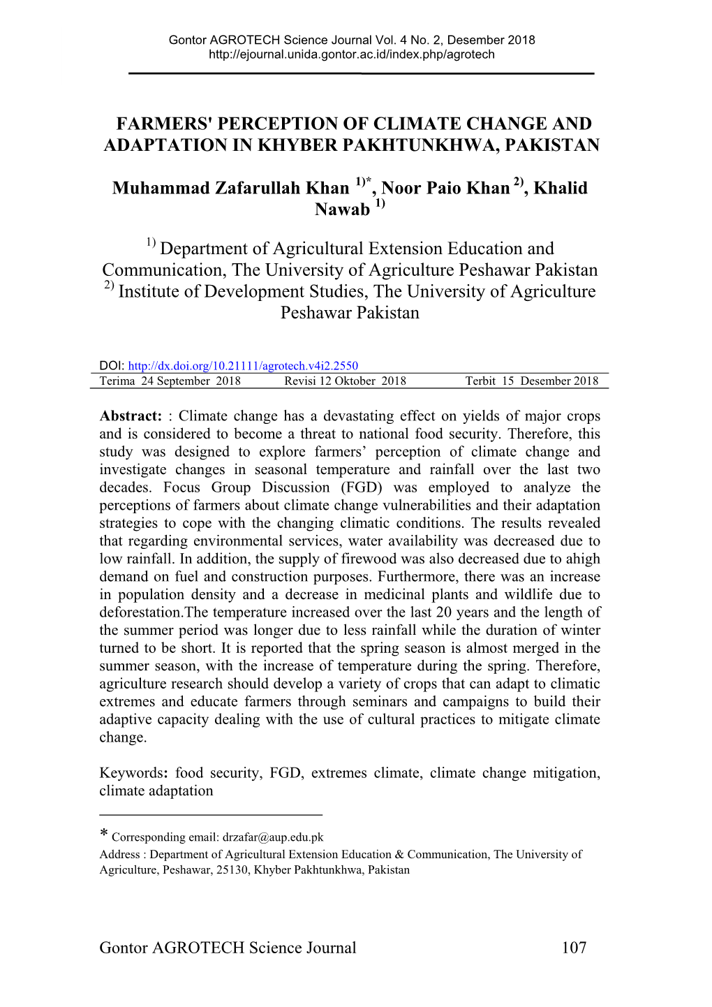 Farmers' Perception of Climate Change and Adaptation in Khyber Pakhtunkhwa, Pakistan