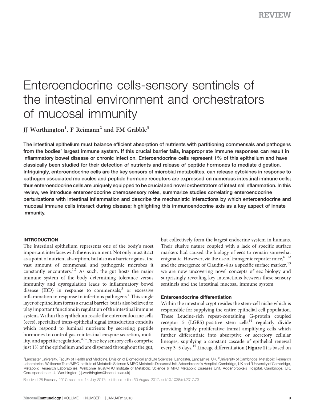 Enteroendocrine Cells-Sensory Sentinels of the Intestinal Environment and Orchestrators of Mucosal Immunity