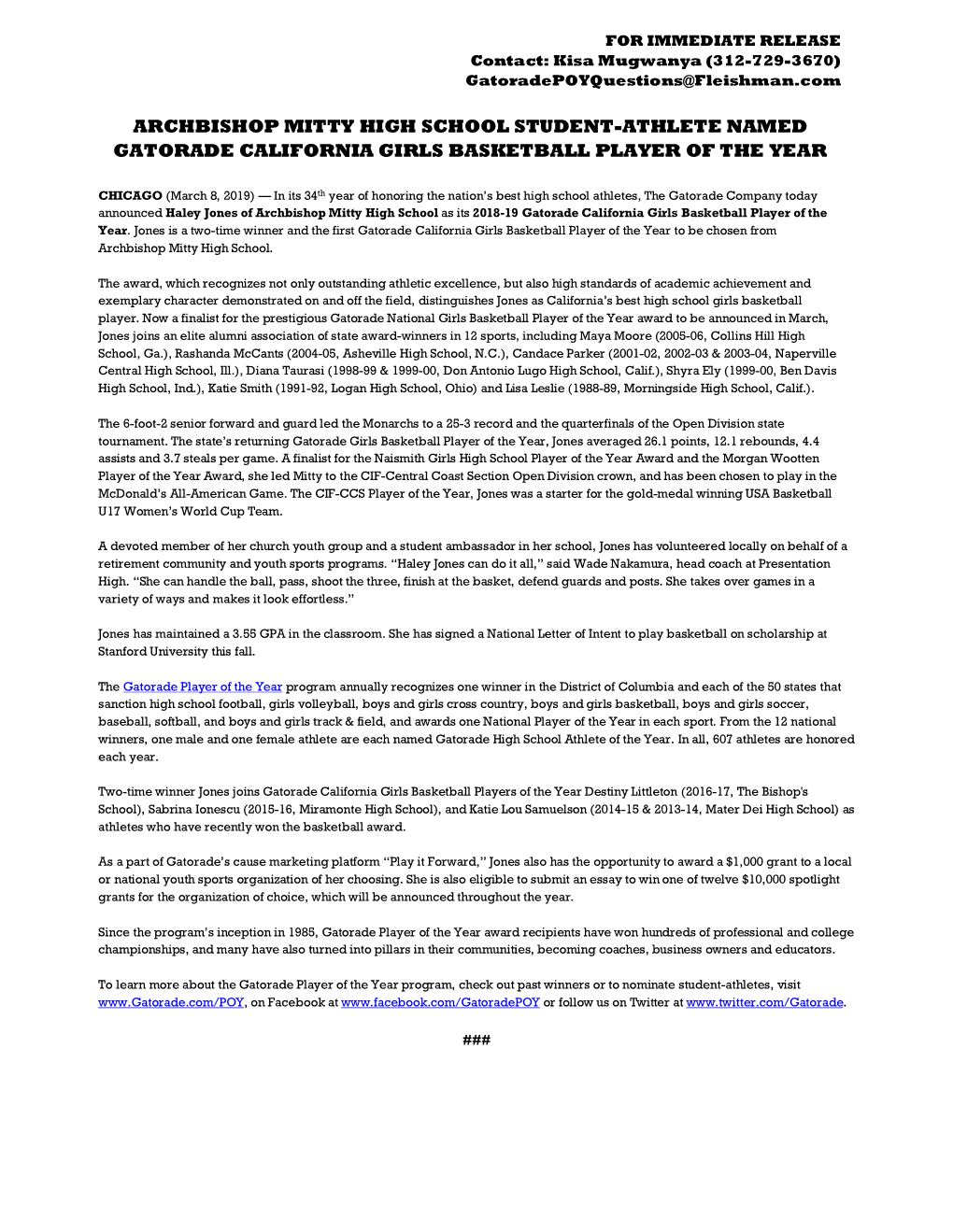 Archbishop Mitty High School Student-Athlete Named Gatorade California Girls Basketball Player of the Year