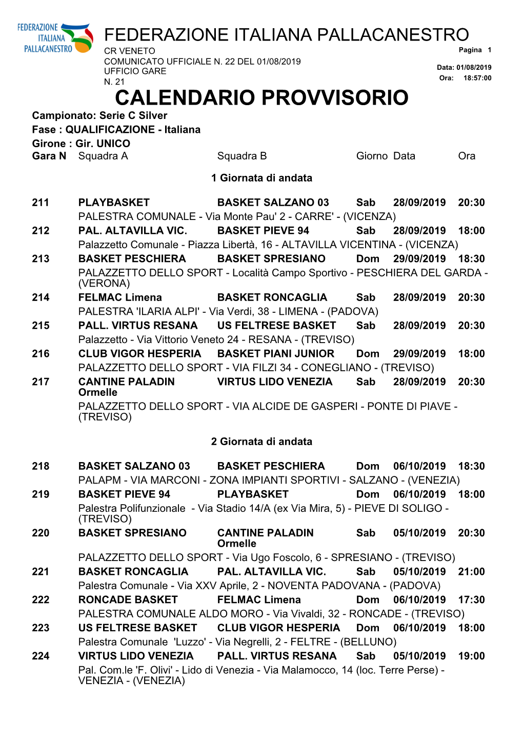 CALENDARIO PROVVISORIO Campionato: Serie C Silver Fase : QUALIFICAZIONE - Italiana Girone : Gir