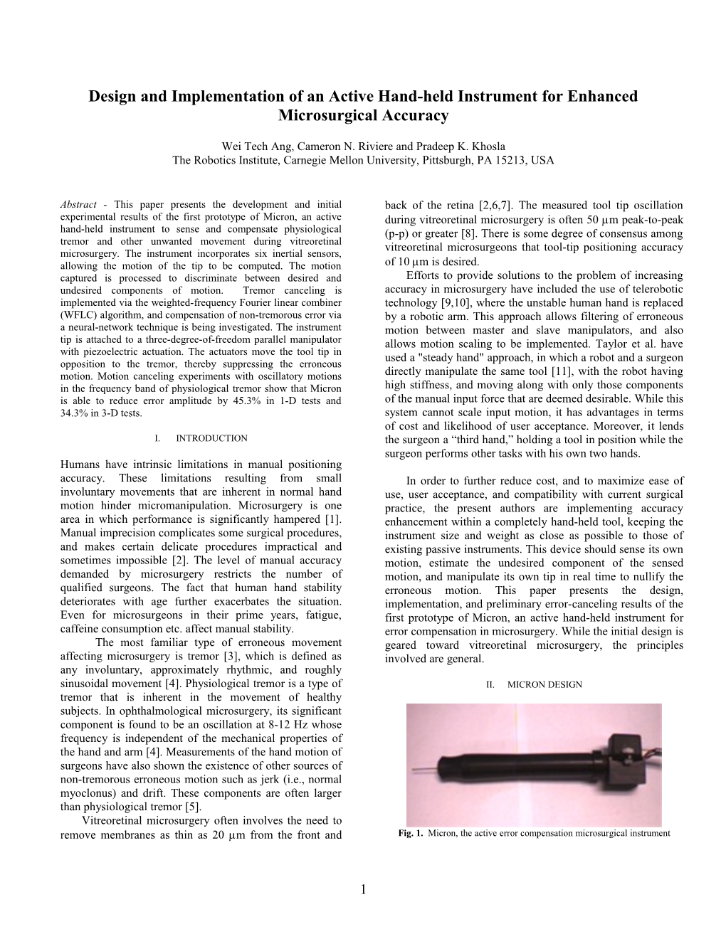 Design and Implementation of an Active Hand-Held Instrument for Enhanced Microsurgical Accuracy