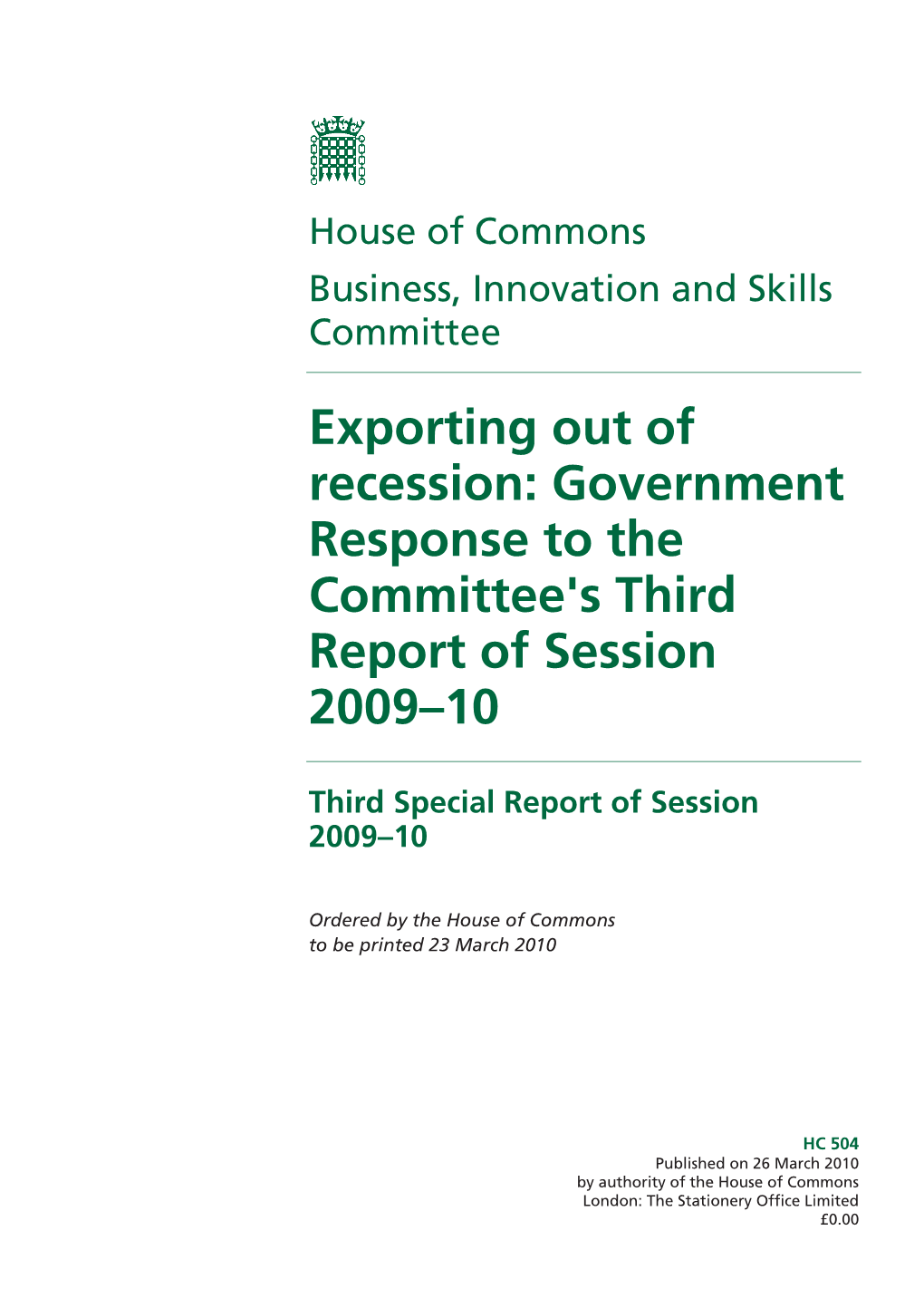 Exporting out of Recession: Government Response to the Committee's Third Report of Session 2009–10