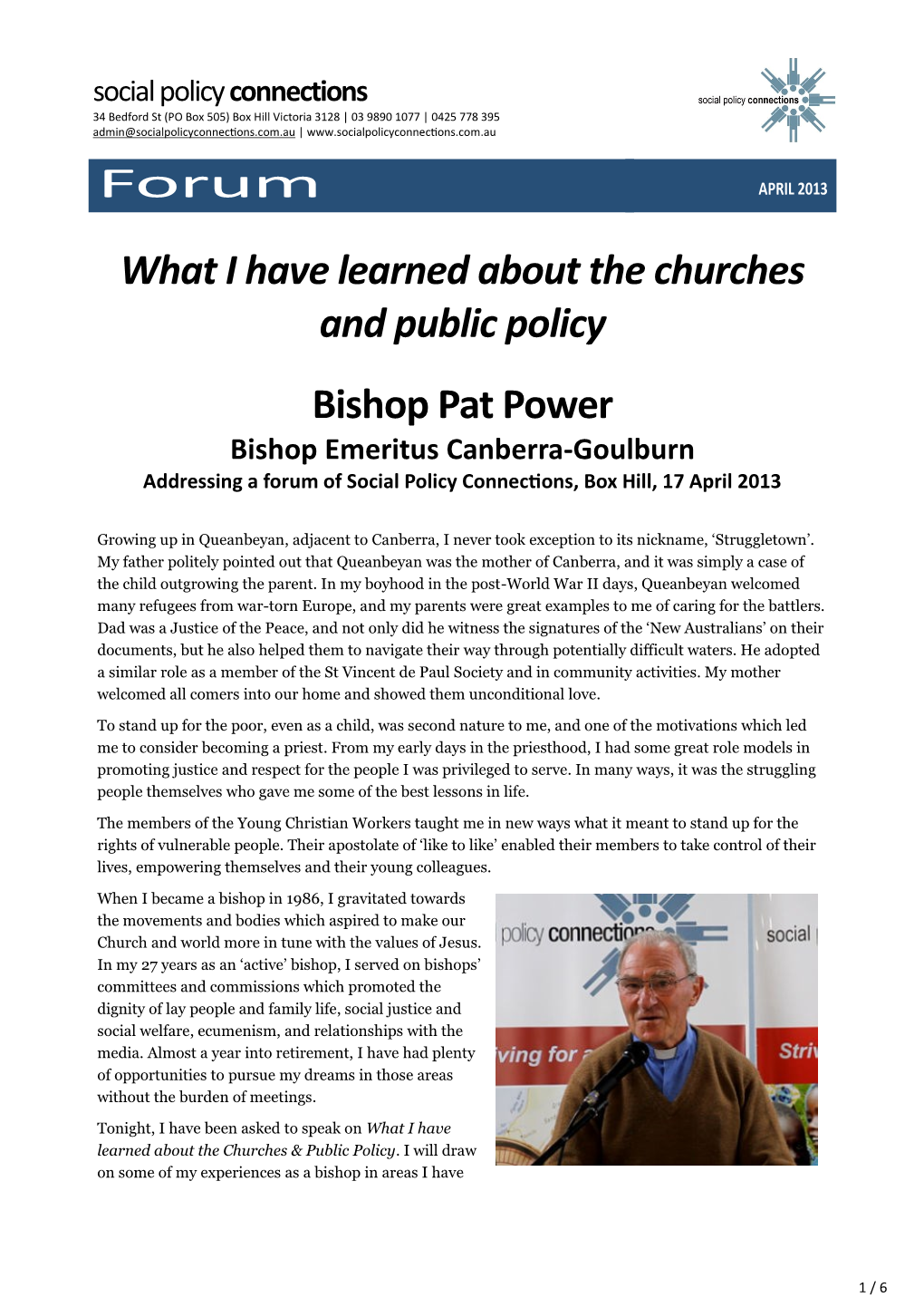 What I Have Learned About the Churches and Public Policy Bishop