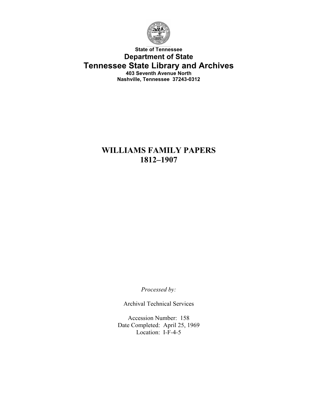 Tennessee State Library and Archives WILLIAMS FAMILY PAPERS 1812