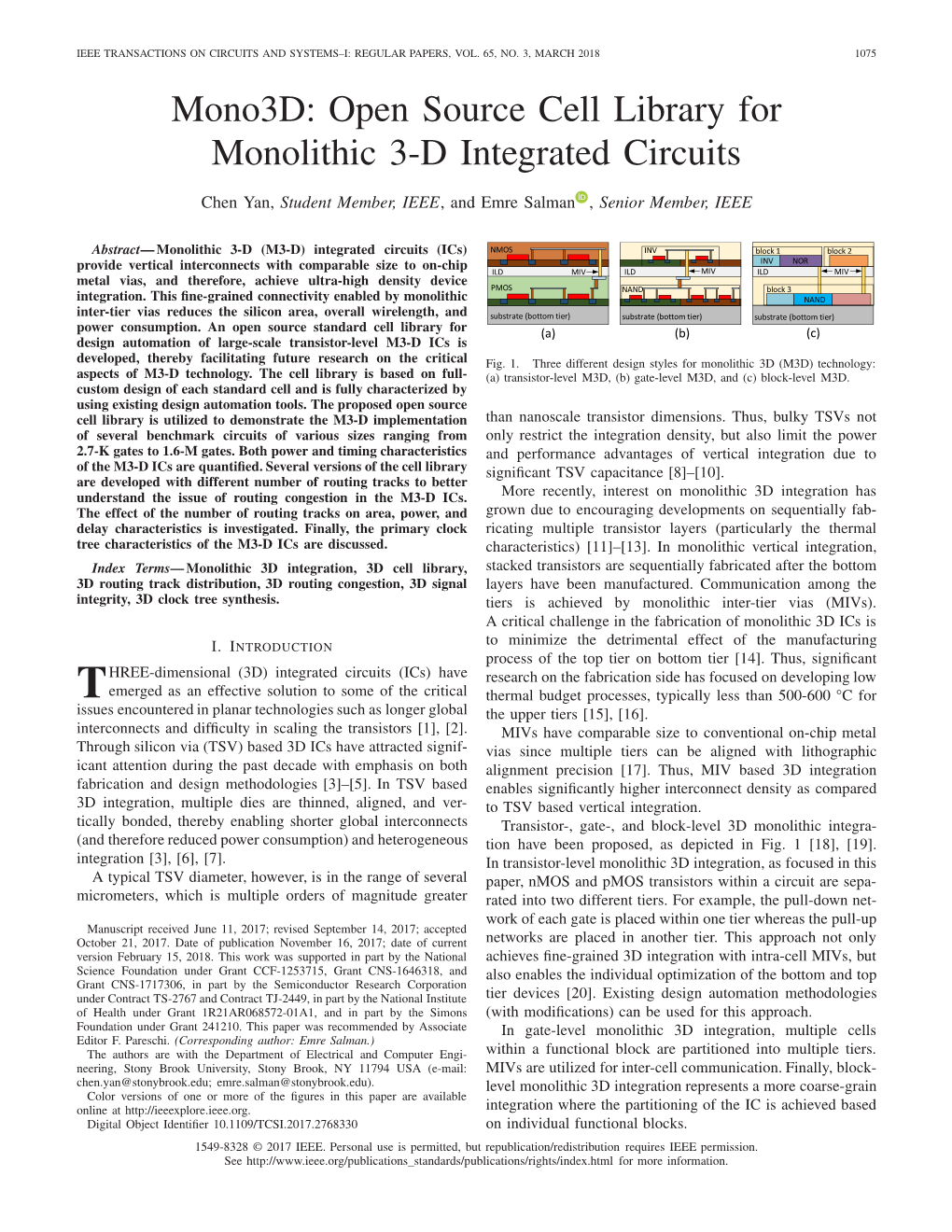 Mono3d: Open Source Cell Library for Monolithic 3-D Integrated Circuits