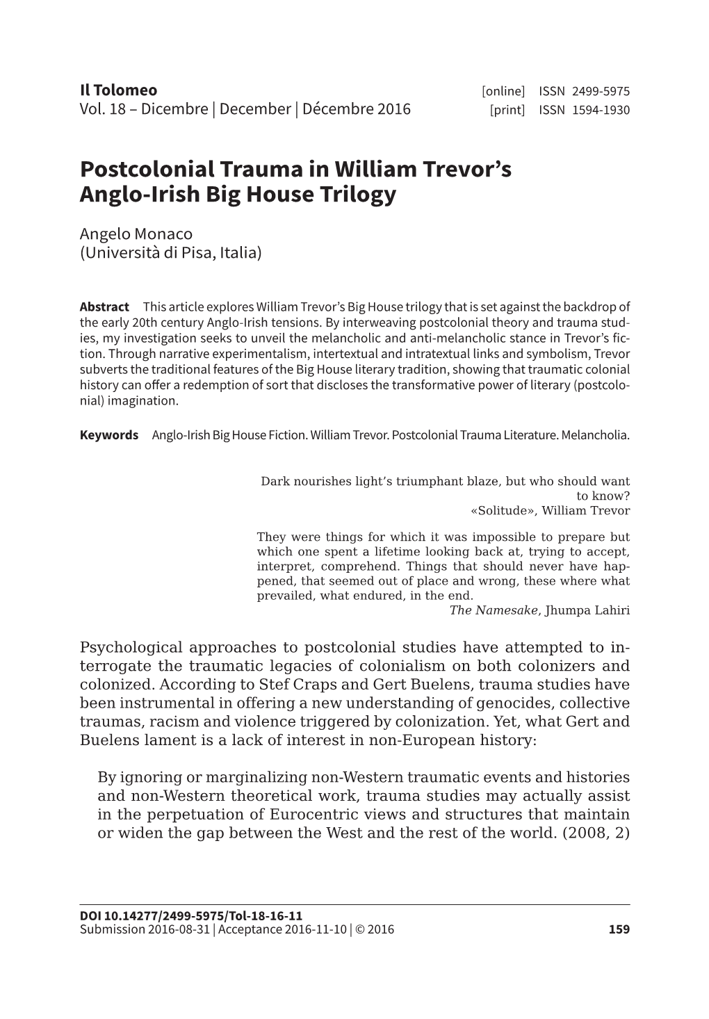 Postcolonial Trauma in William Trevor's Anglo-Irish Big House Trilogy