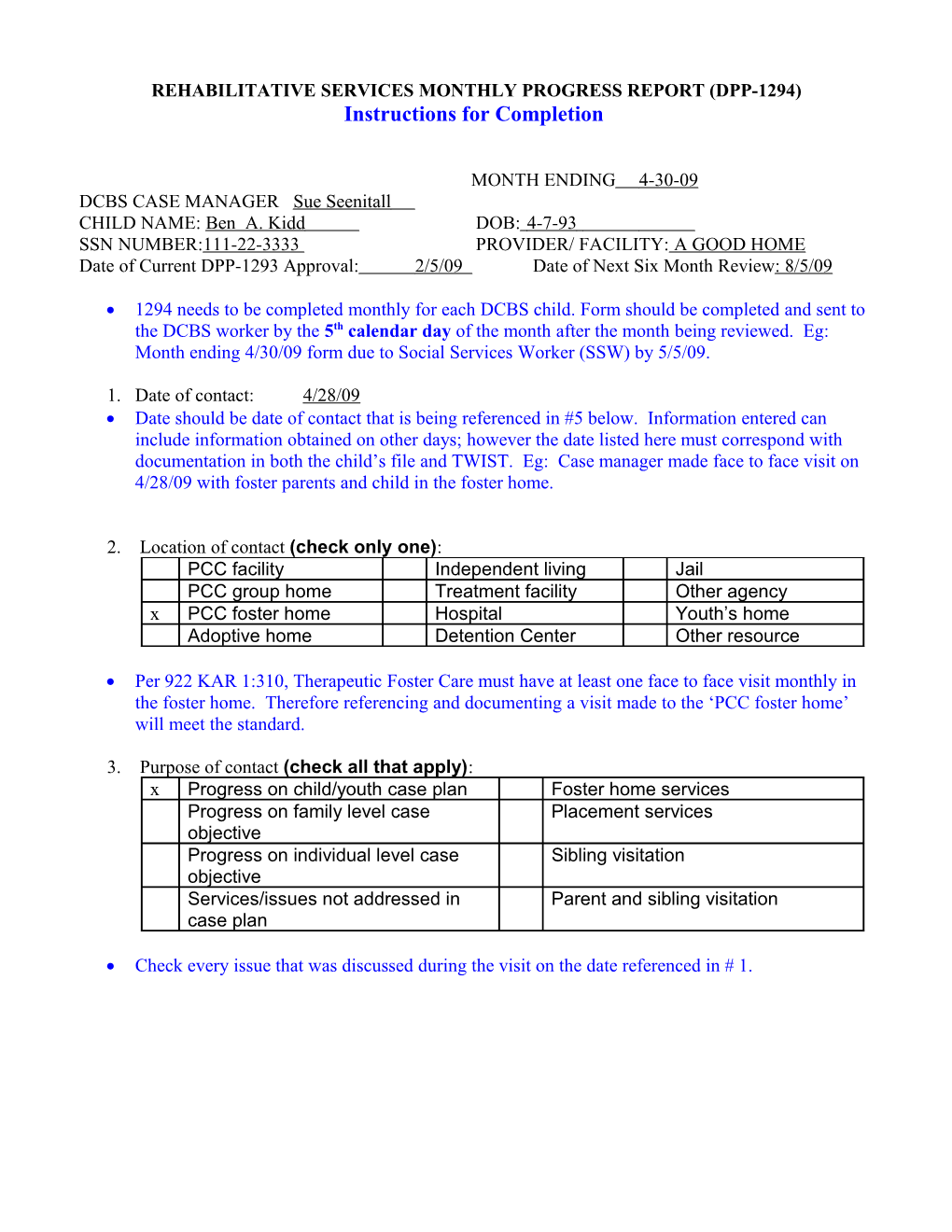 Rehabilitative Services Monthly Progress Report (DPP-1294)