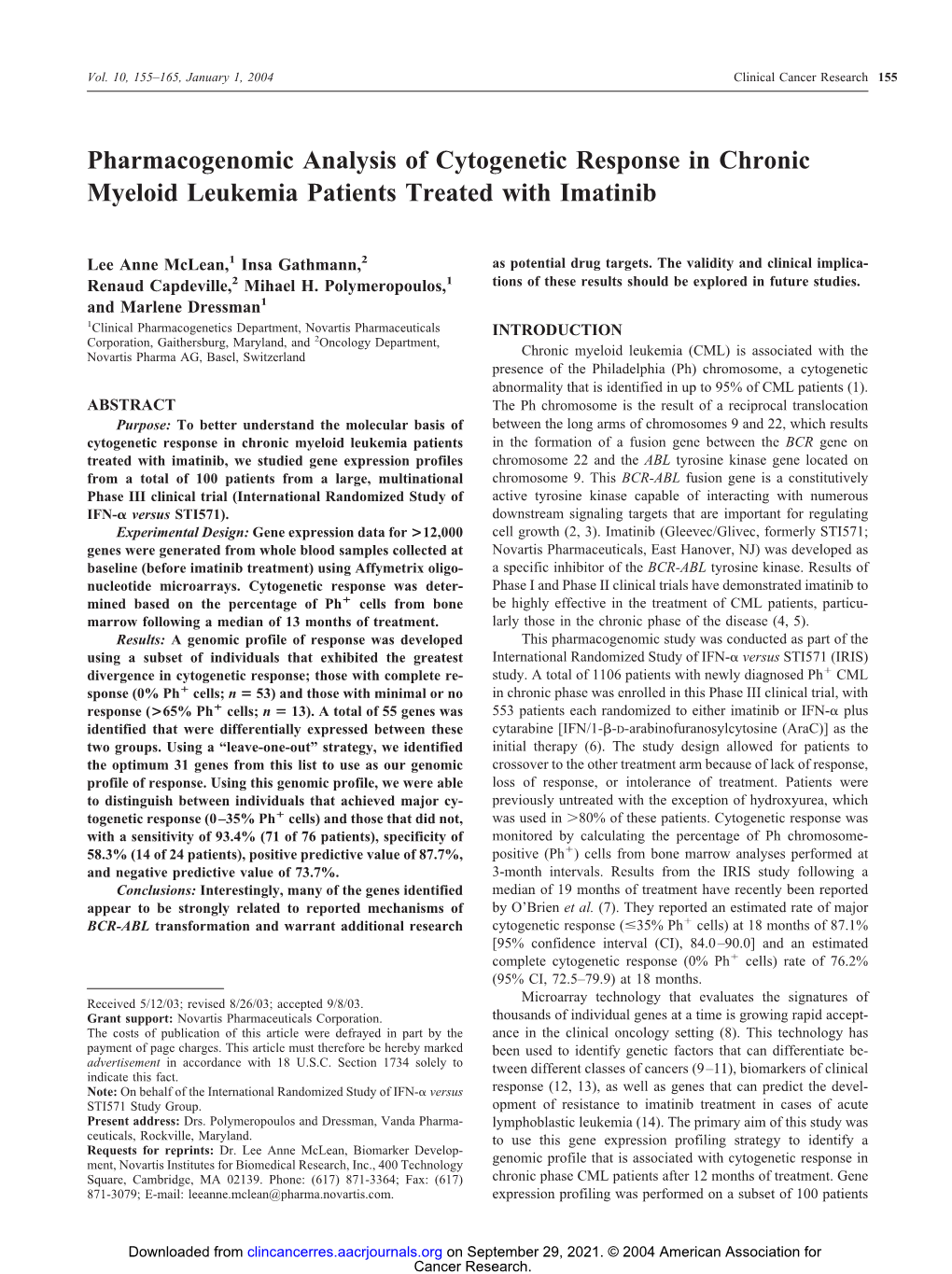 Pharmacogenomic Analysis of Cytogenetic Response in Chronic Myeloid Leukemia Patients Treated with Imatinib