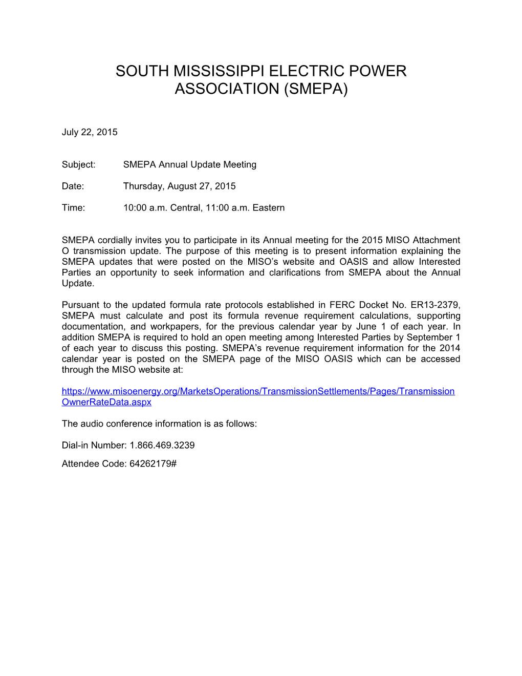 SMEPA Notice of Annual Meeting on Attachment O Update