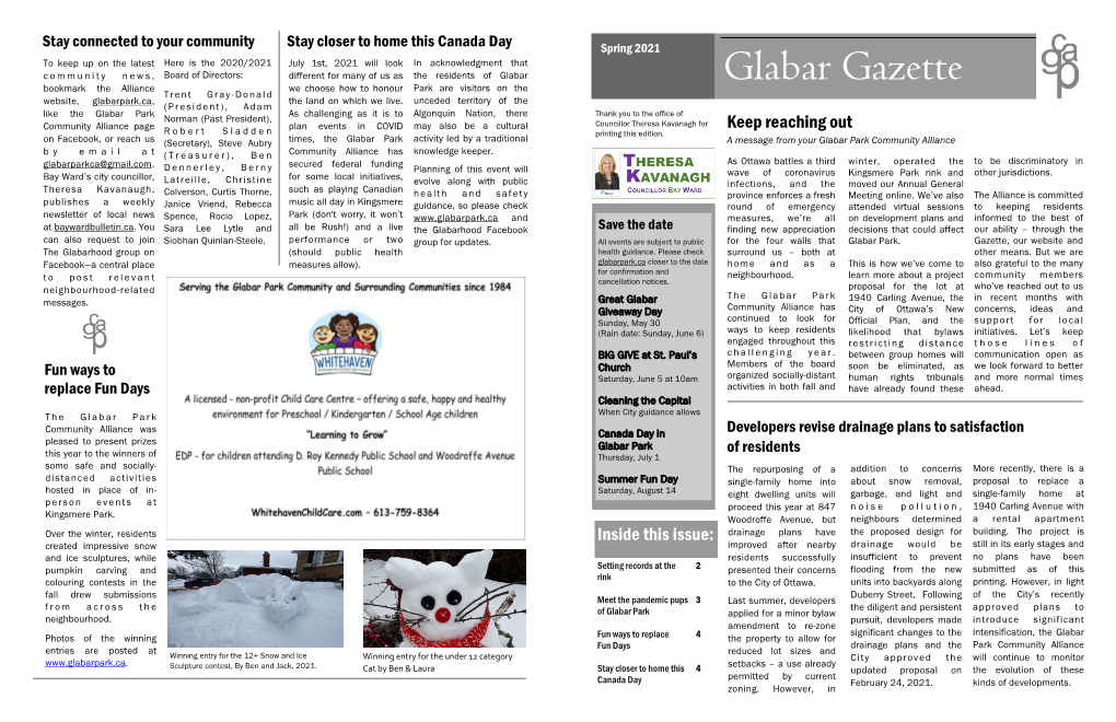 Glabar Gazette Bookmark the Alliance We Choose How to Honour Park Are Visitors on the T Rent Gr a Y - Dona L D Website, Glabarpark.Ca, the Land on Which We Live