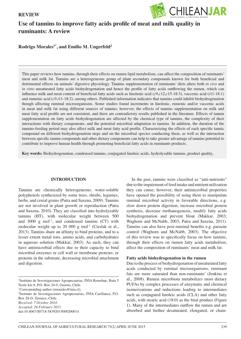 Use of Tannins to Improve Fatty Acids Profile of Meat and Milk Quality in Ruminants: a Review