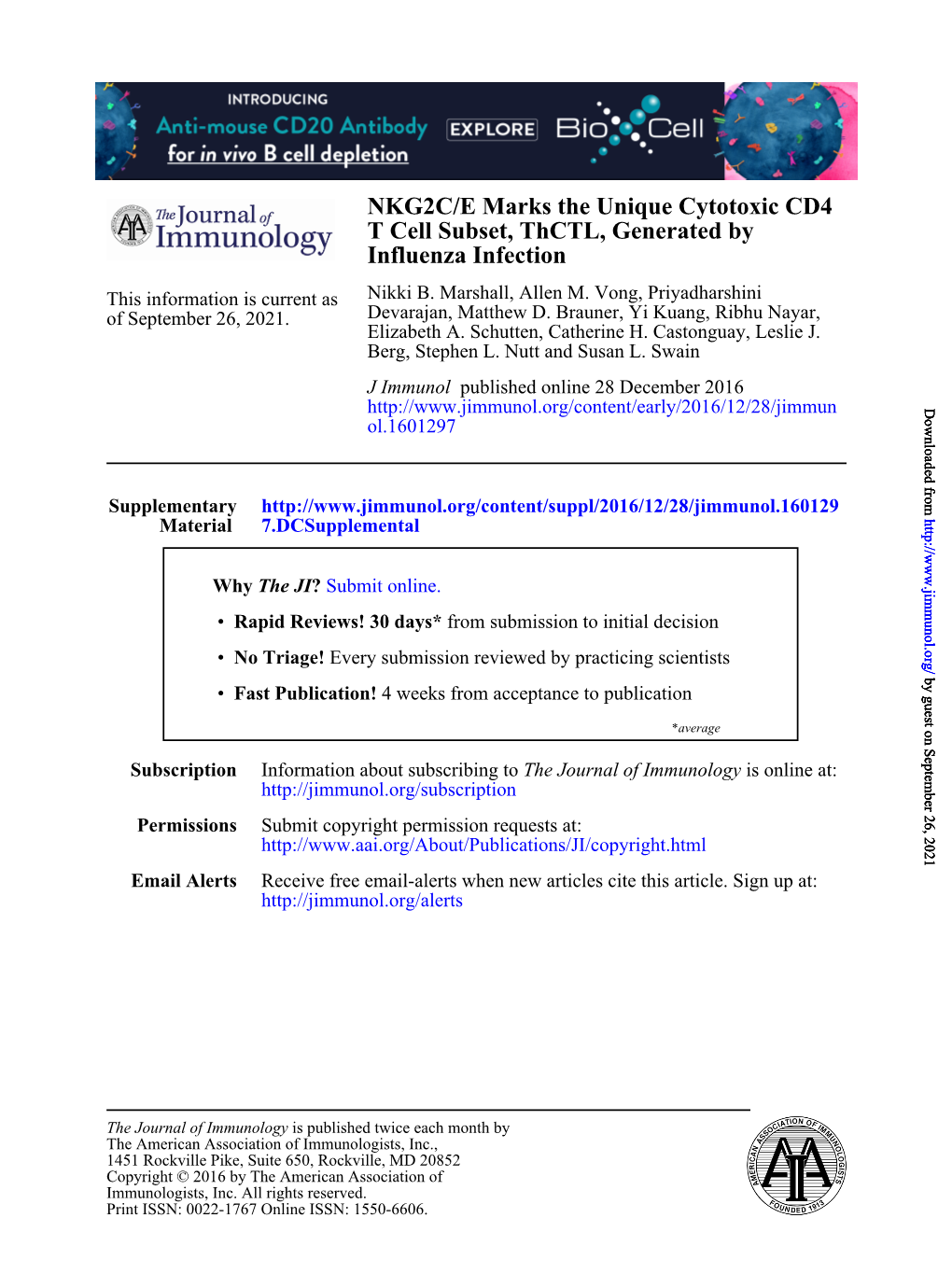 NKG2C/E Marks the Unique Cytotoxic CD4 T Cell Subset, Thctl, Generated by Influenza Infection