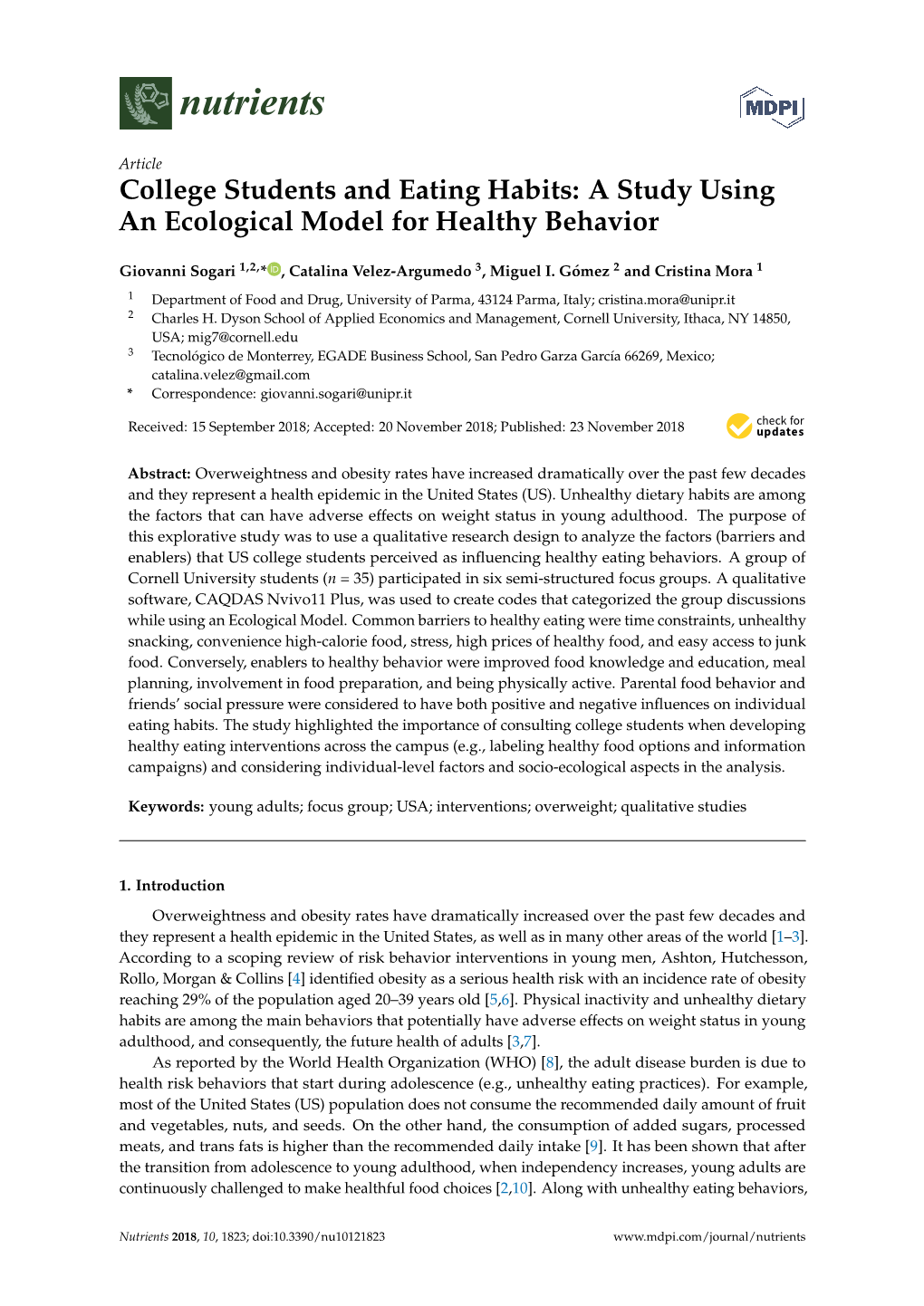 College Students and Eating Habits: a Study Using an Ecological Model for Healthy Behavior