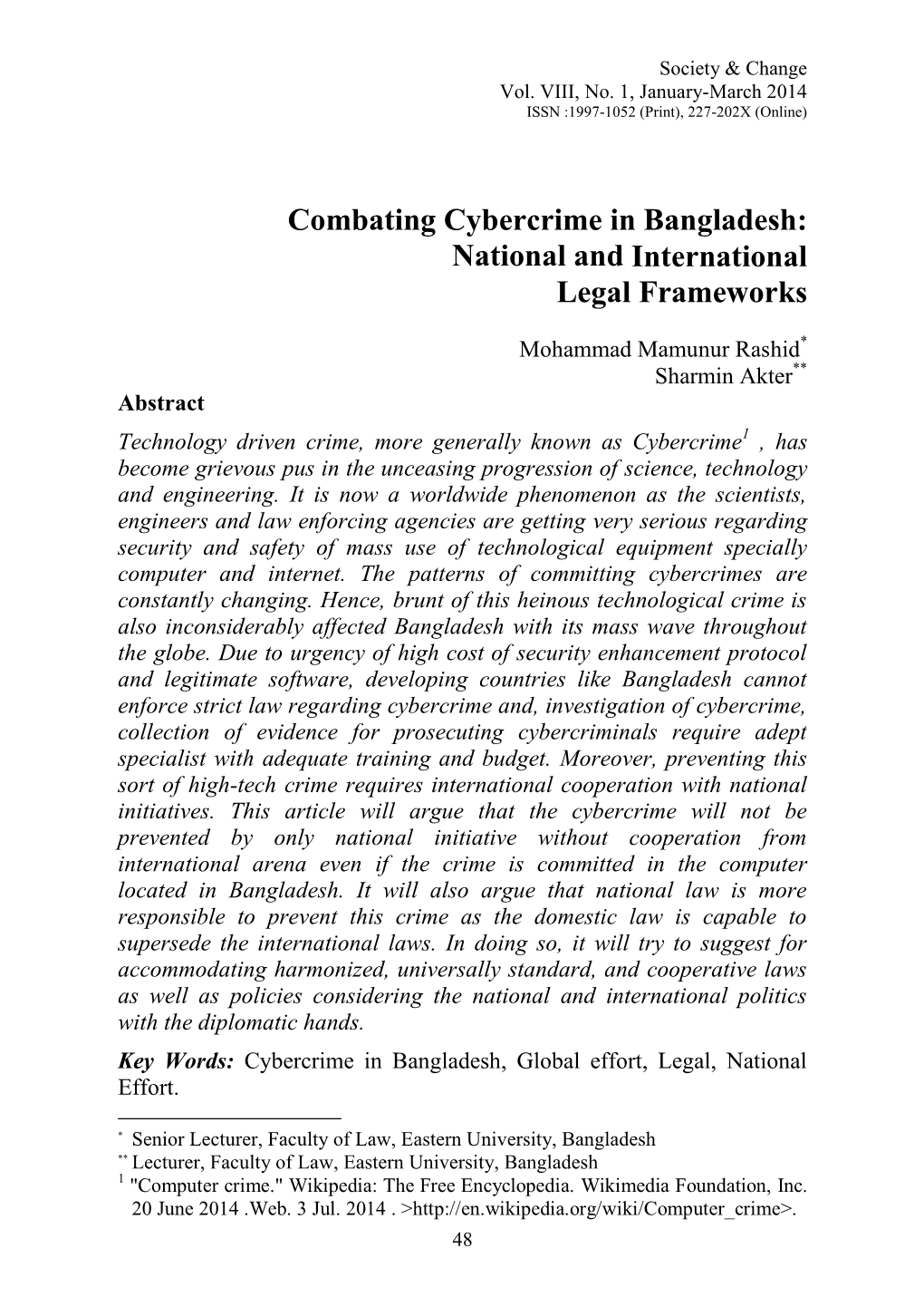 Combating Cybercrime in Bangladesh: National and International Legal Frameworks