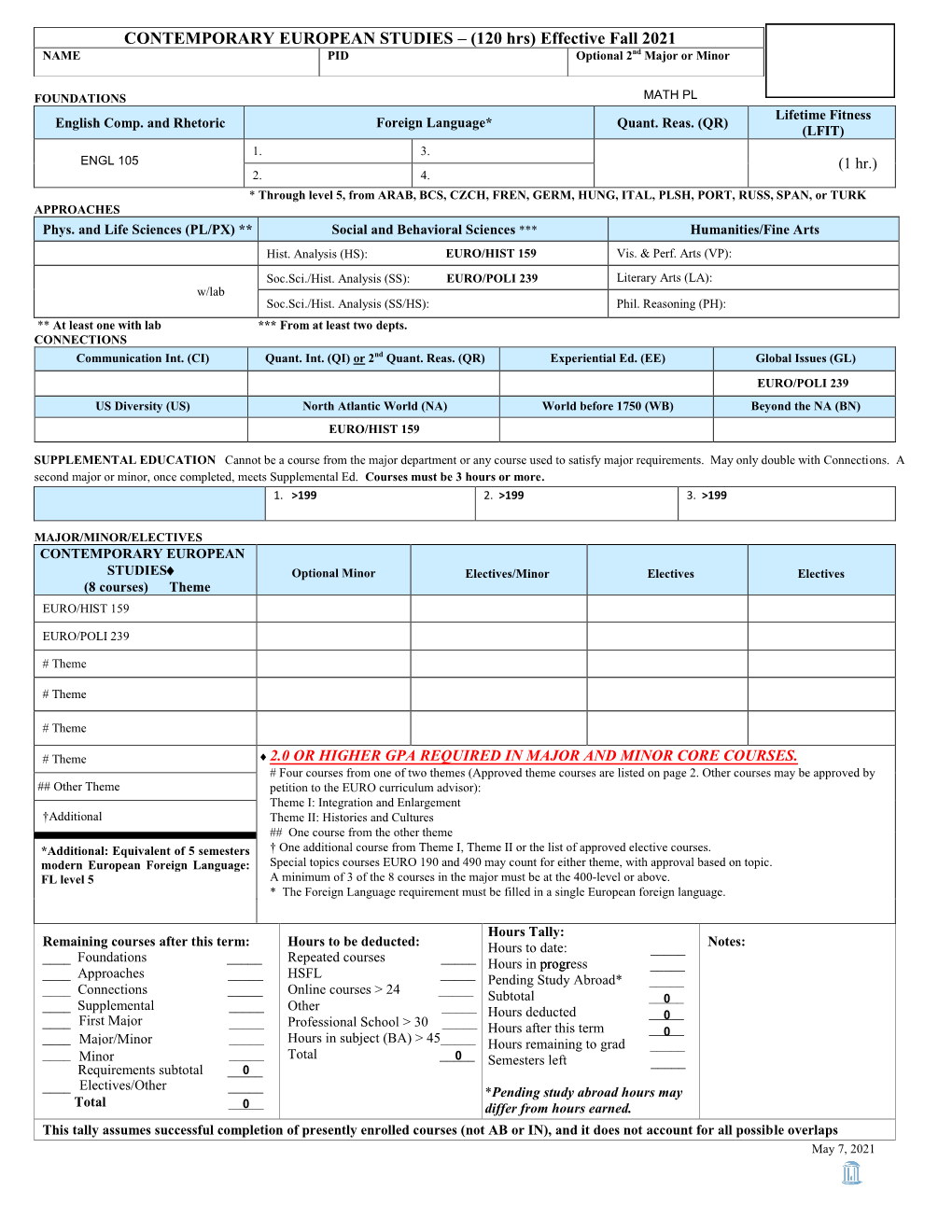 CONTEMPORARY EUROPEAN STUDIES – (120 Hrs) Effective Fall 2021 NAME PID Optional 2Nd Major Or Minor