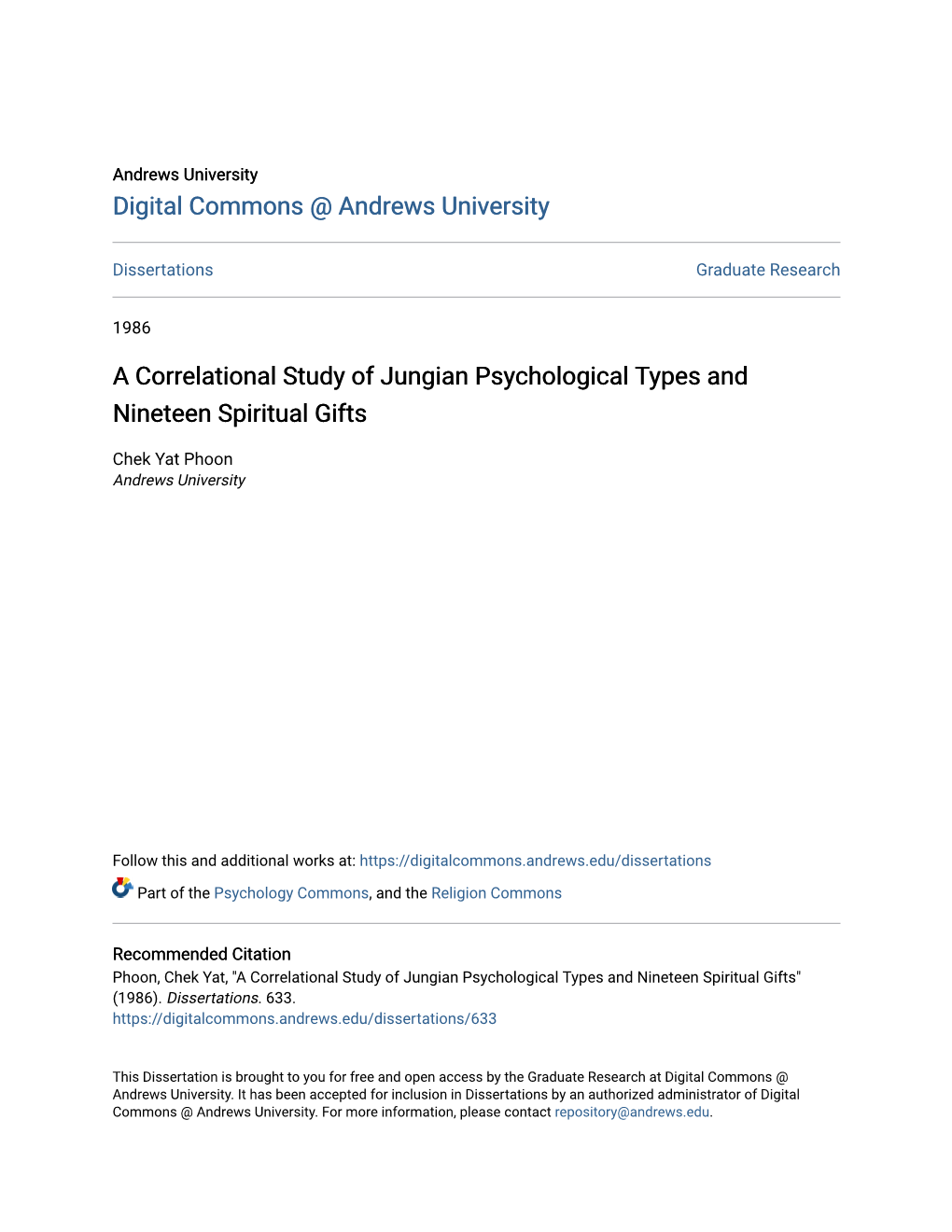 A Correlational Study of Jungian Psychological Types and Nineteen Spiritual Gifts