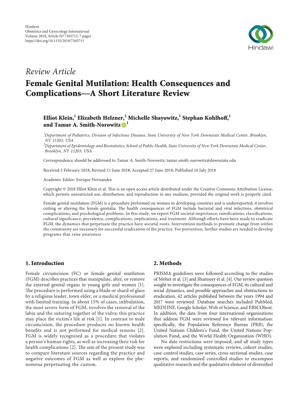Review Article Female Genital Mutilation: Health Consequences and Complications—A Short Literature Review