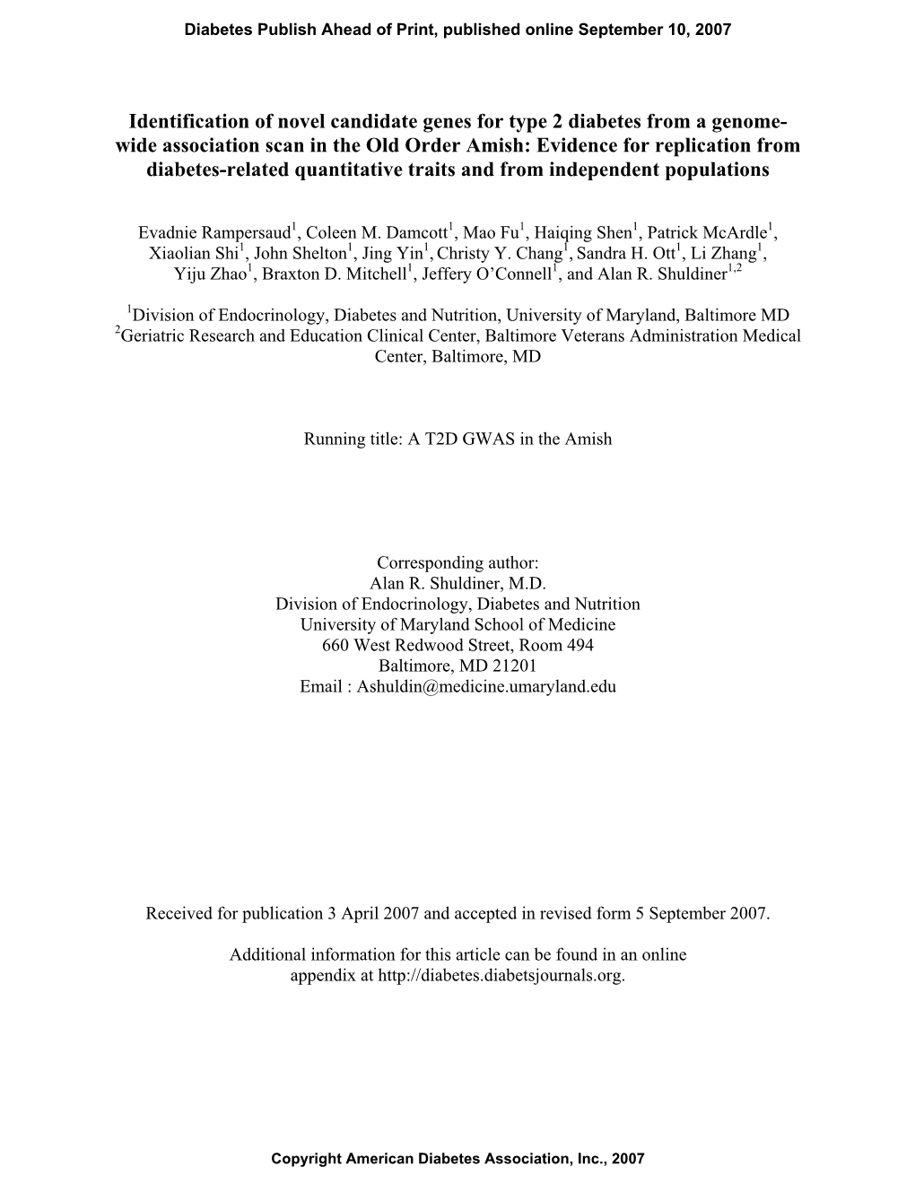 Identification of Novel Candidate Genes for Type 2 Diabetes from a 100K Genome-Wide Association Scan in the Old Order Amish